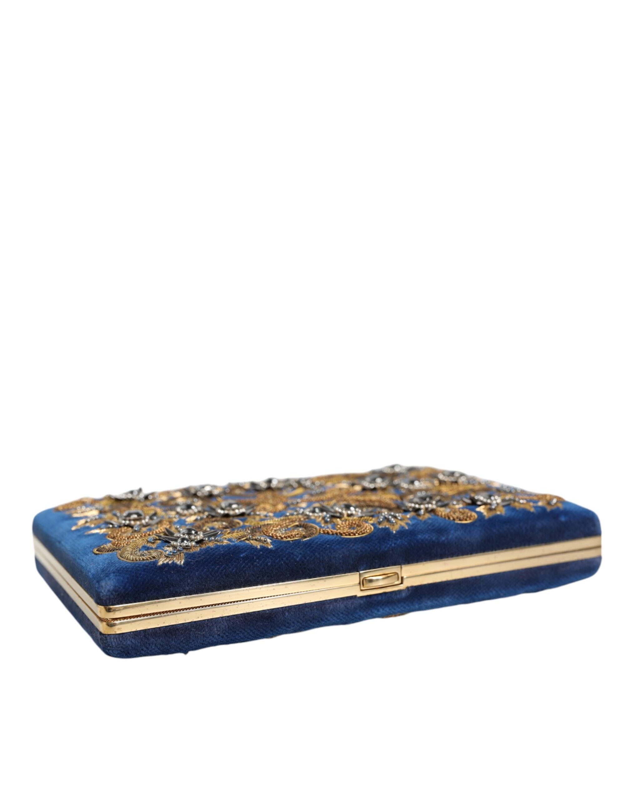 Dolce & Gabbana Blue Velvet Gold Frame Clutch Evening Party Purse Bag - Zeiniez