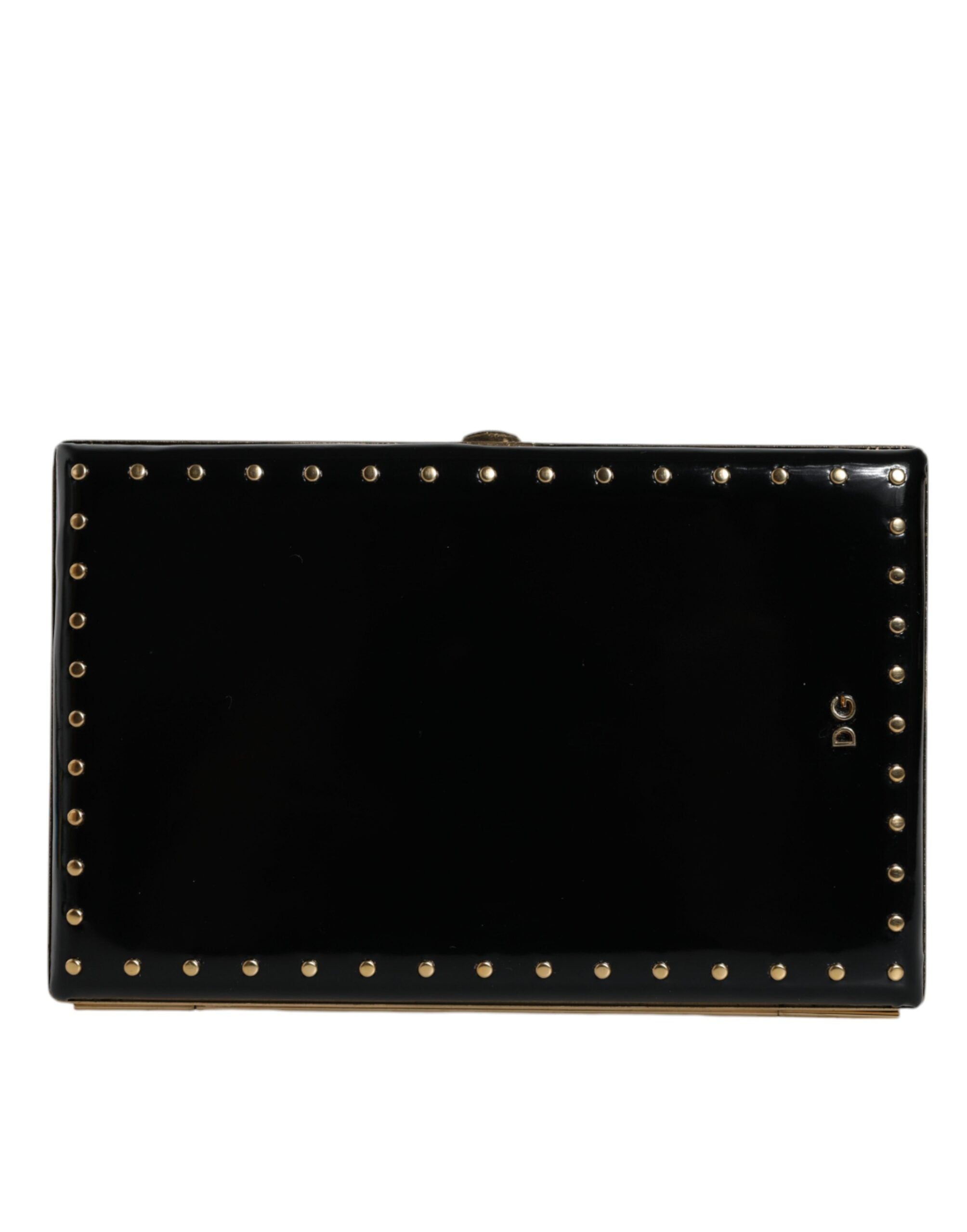 Dolce & Gabbana Black Leather Studs Gold Frame Clutch Evening Purse Bag - Zeiniez