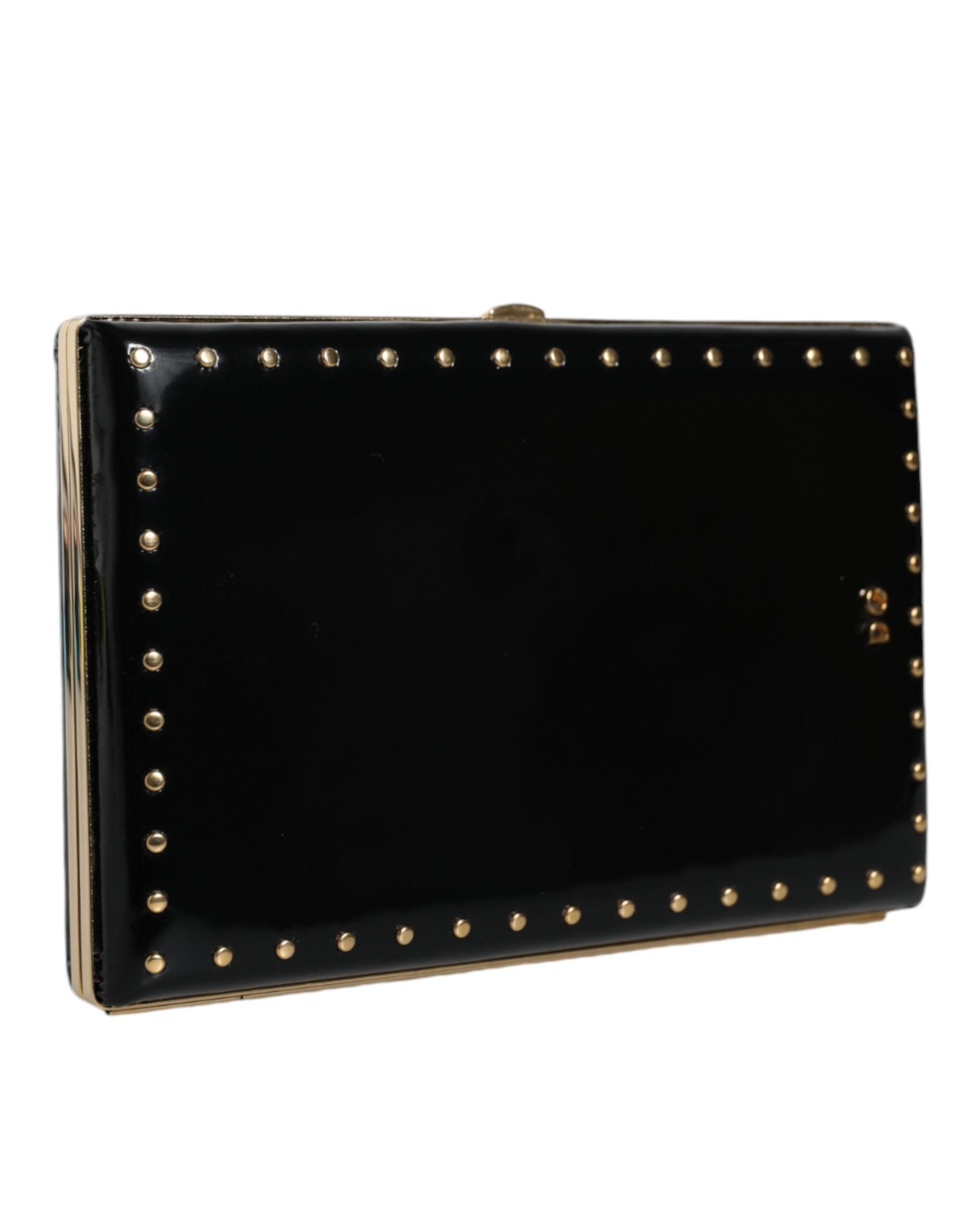 Dolce & Gabbana Black Leather Studs Gold Frame Clutch Evening Purse Bag - Zeiniez