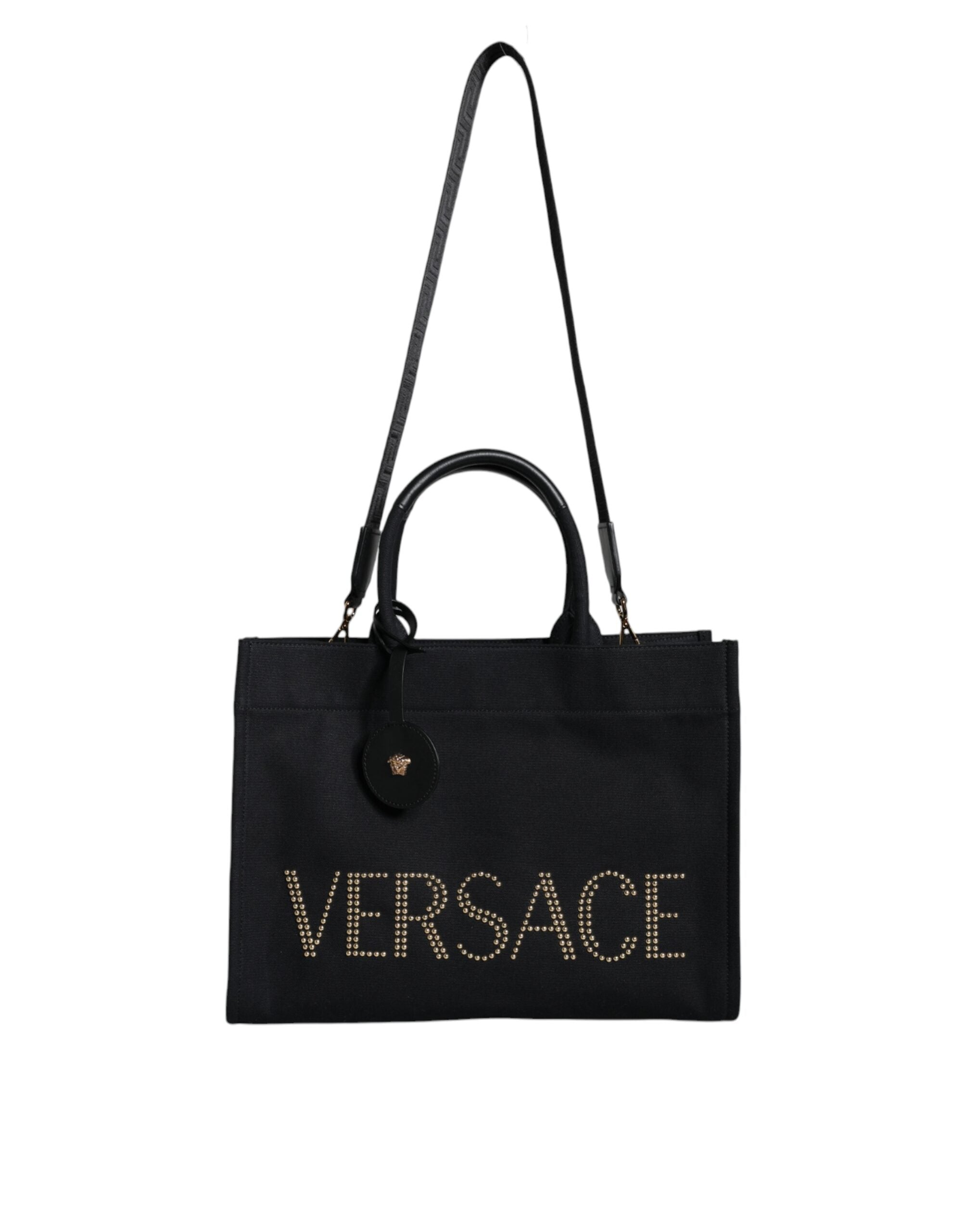 Versace Black Top Handle Canvas Leather Logo Crossbody Tote Bag - Zeiniez