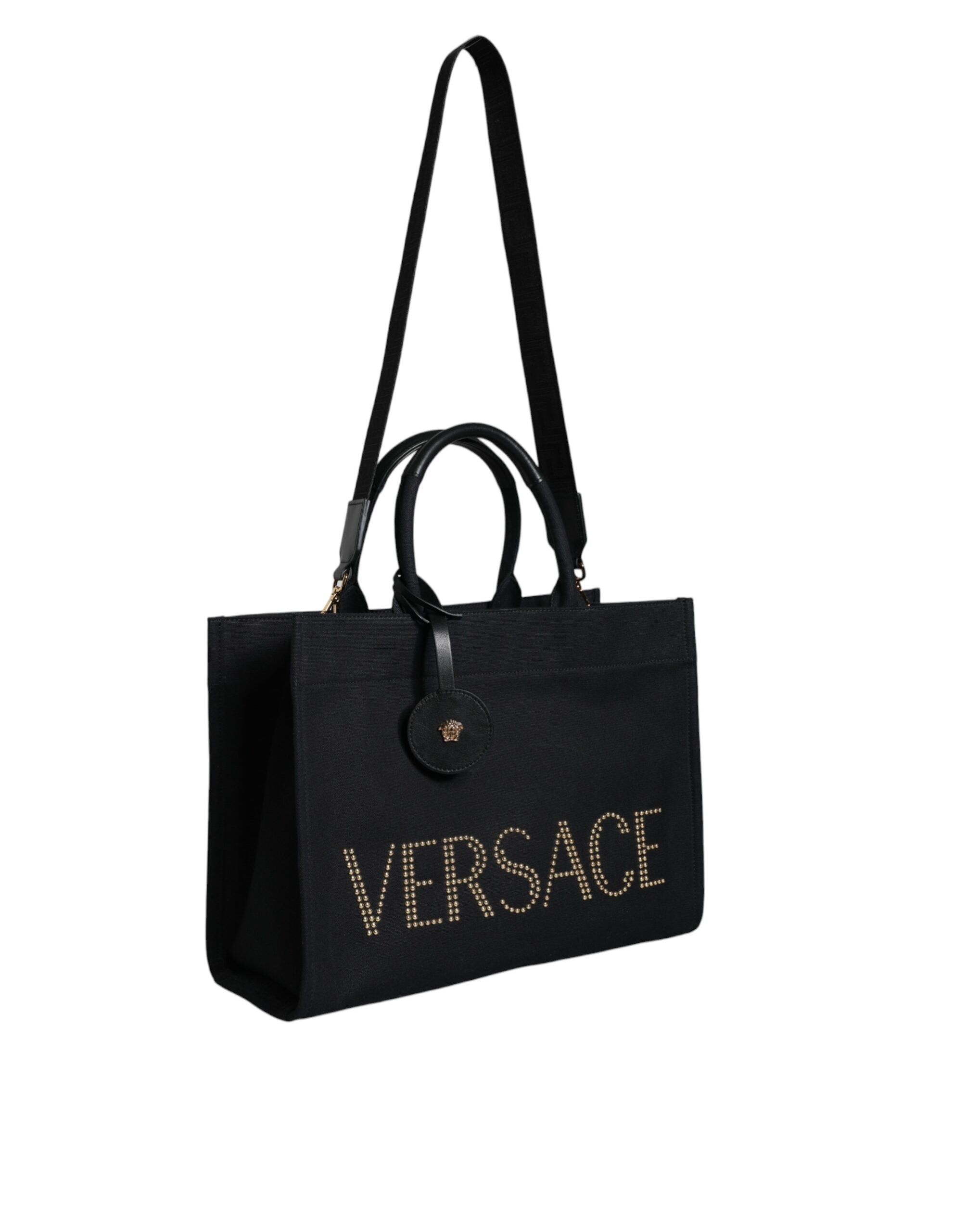 Versace Black Top Handle Canvas Leather Logo Crossbody Tote Bag - Zeiniez