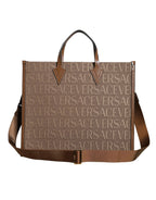 Versace Brown Top Handle Jacquard Leather Logo Crossbody Tote Bag - Zeiniez
