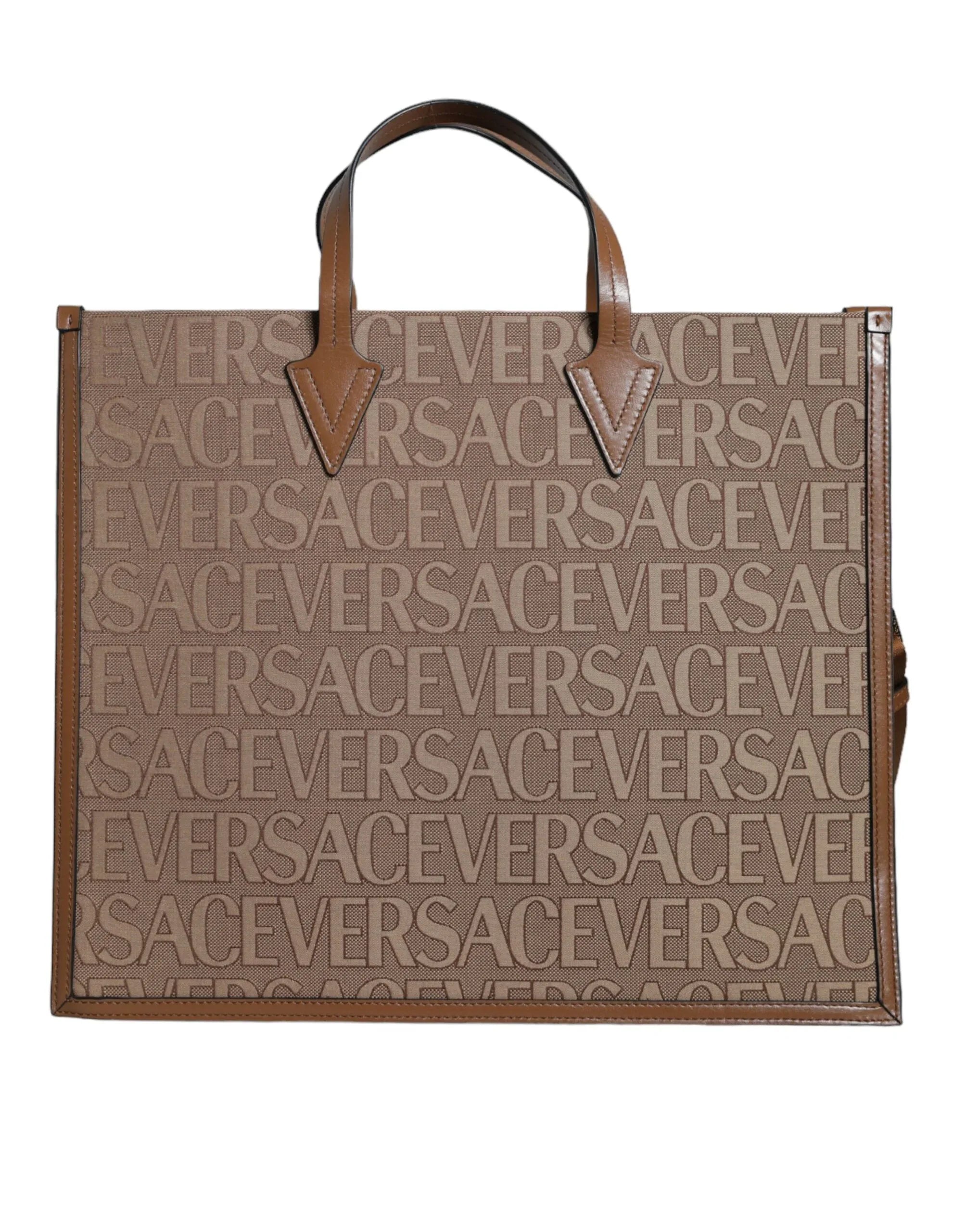 Versace Brown Top Handle Jacquard Leather Logo Crossbody Tote Bag - Zeiniez