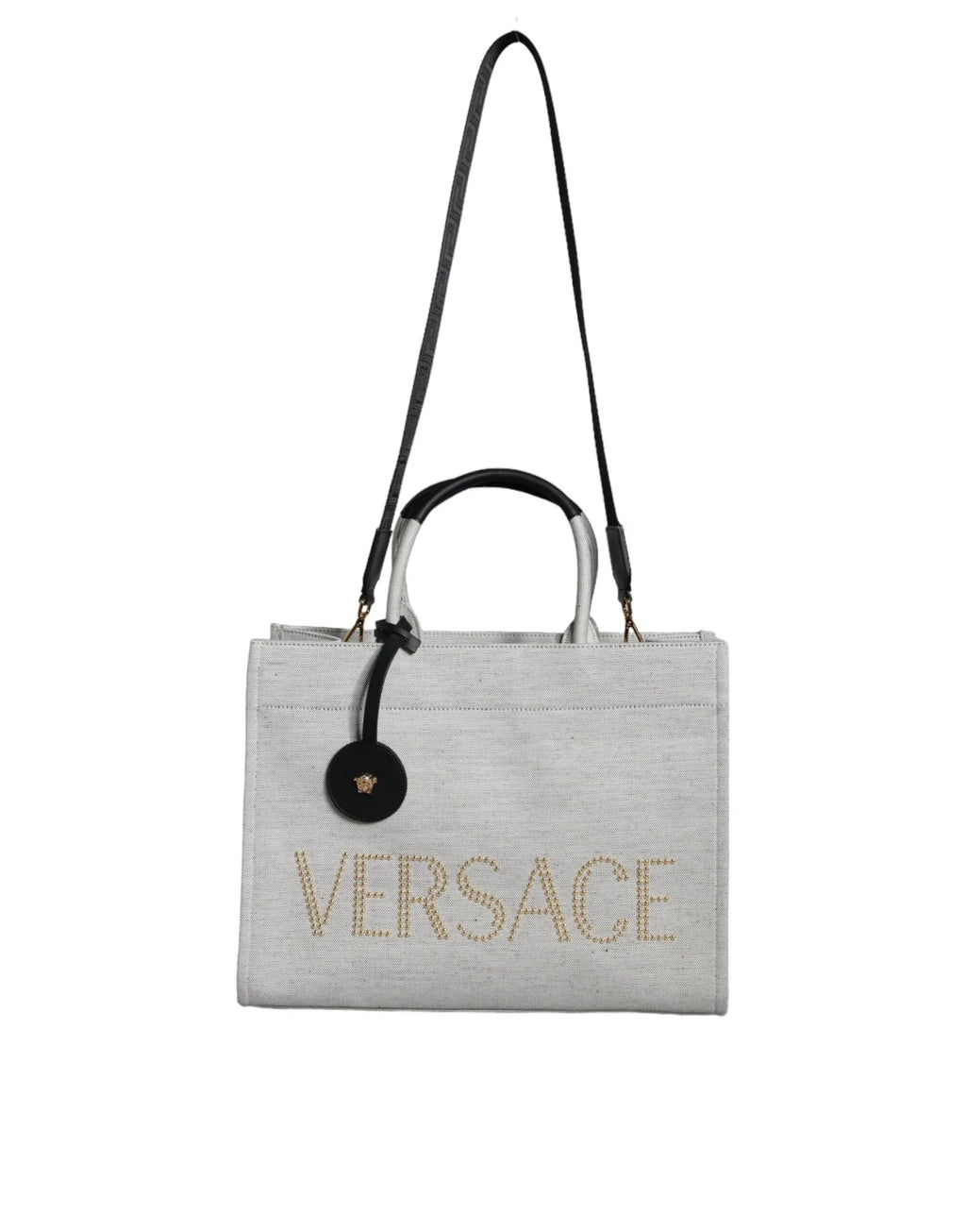 Versace White Top Handle Canvas Leather Logo Crossbody Tote Bag - Zeiniez