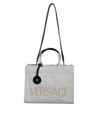 Versace White Top Handle Canvas Leather Logo Crossbody Tote Bag - Zeiniez