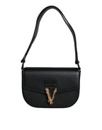 Versace Black Grainy Calf Leather Logo Crossbody Shoulder Bag - Zeiniez