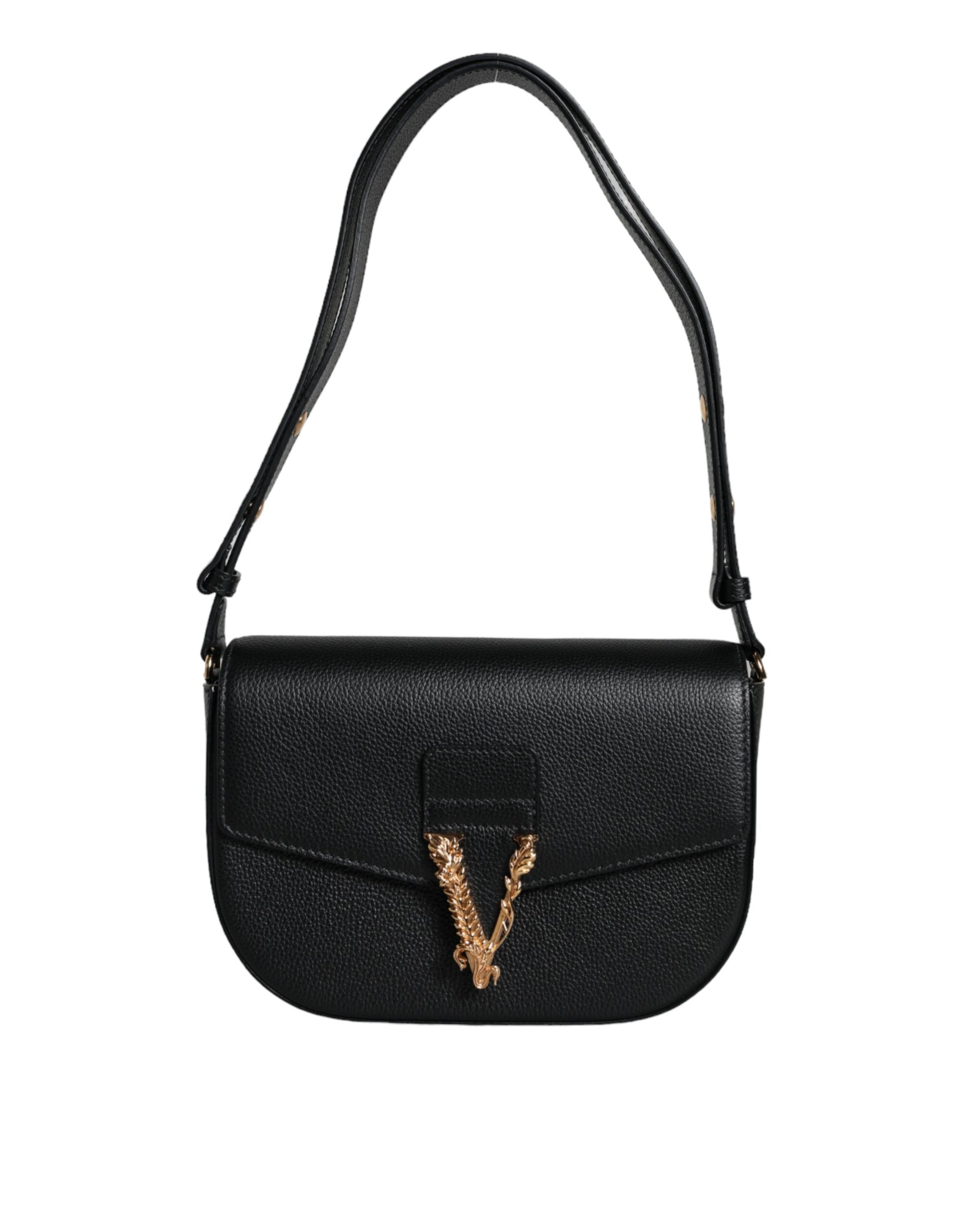 Versace Black Grainy Calf Leather Logo Crossbody Shoulder Bag - Zeiniez