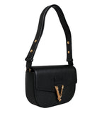 Versace Black Grainy Calf Leather Logo Crossbody Shoulder Bag - Zeiniez