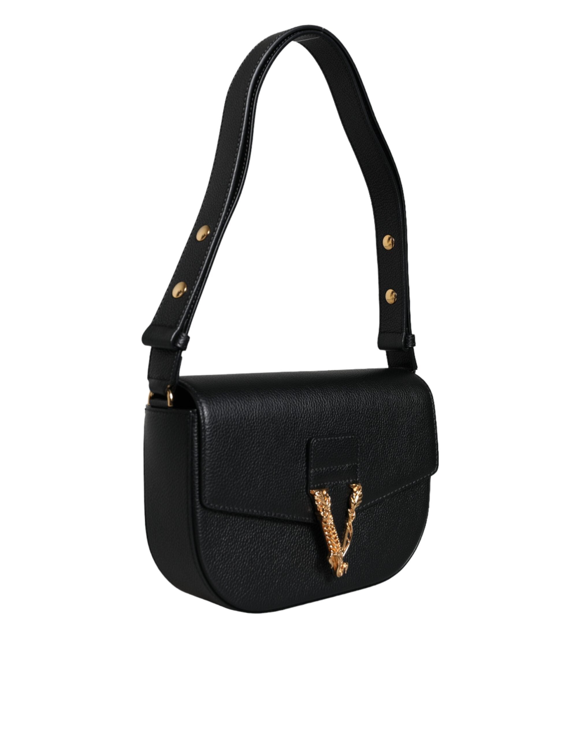 Versace Black Grainy Calf Leather Logo Crossbody Shoulder Bag - Zeiniez