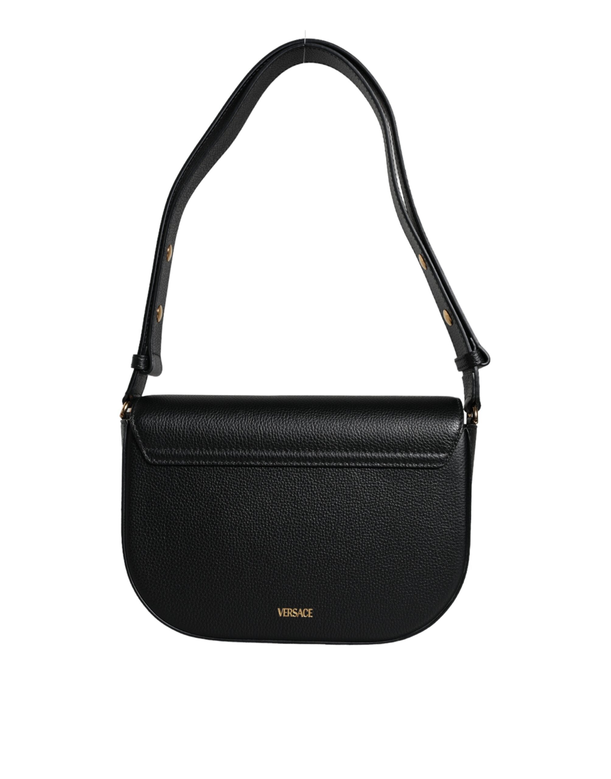 Versace Black Grainy Calf Leather Logo Crossbody Shoulder Bag - Zeiniez