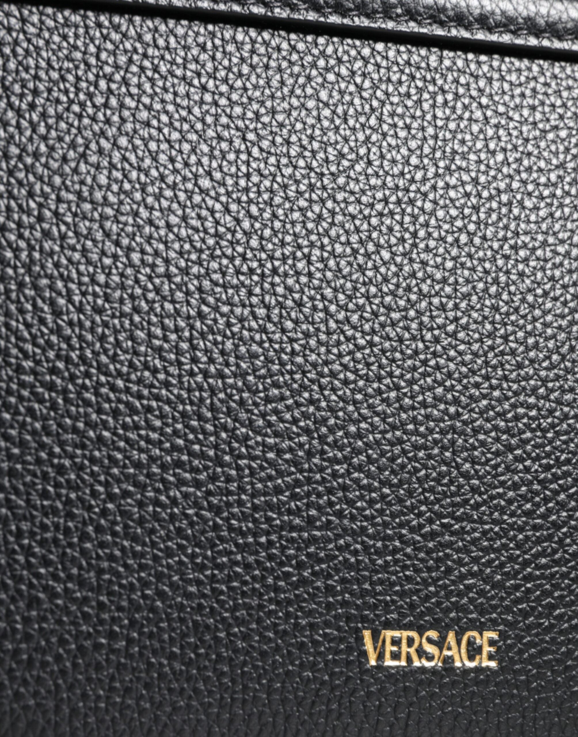 Versace Black Grainy Calf Leather Logo Crossbody Shoulder Bag - Zeiniez