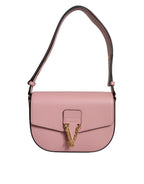 Versace Pink Grainy Calf Leather Logo Crossbody Shoulder Bag - Zeiniez