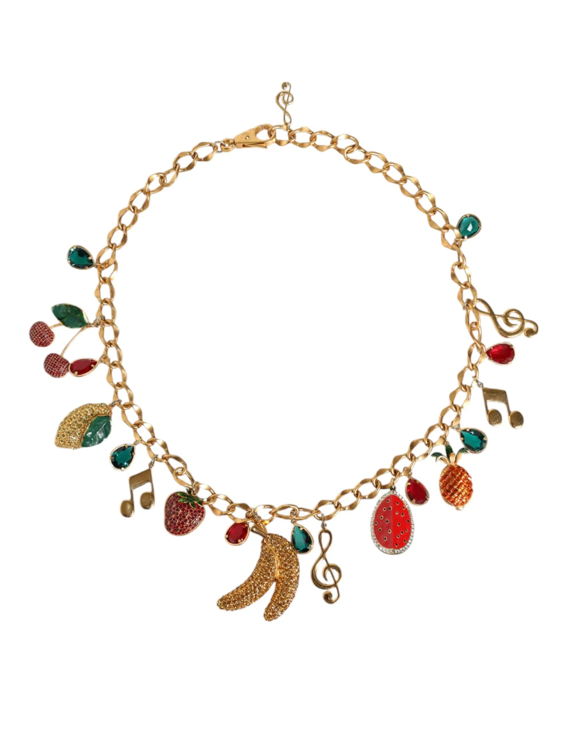 Dolce & Gabbana Gold Tone Brass Fruity Crystal Embellished Waist Chain Belt - Zeiniez