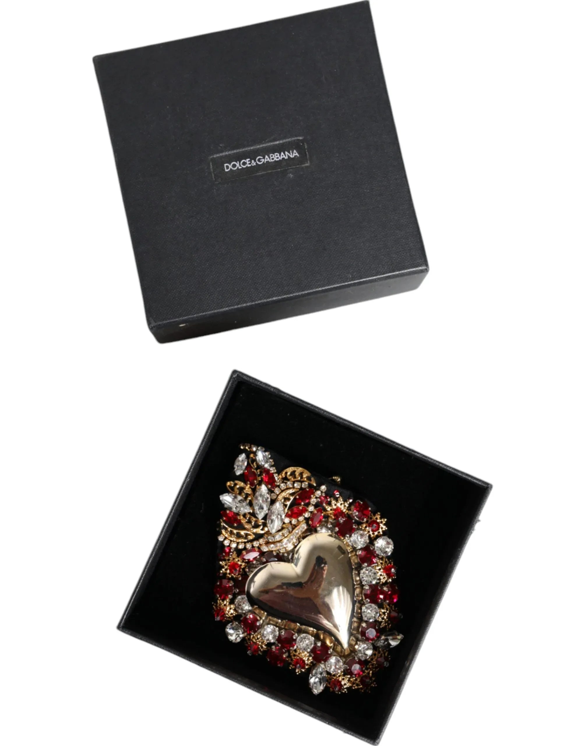 Dolce & Gabbana Gold Tone Brass Sacred Heart Crystal Embellished Brooch - Zeiniez