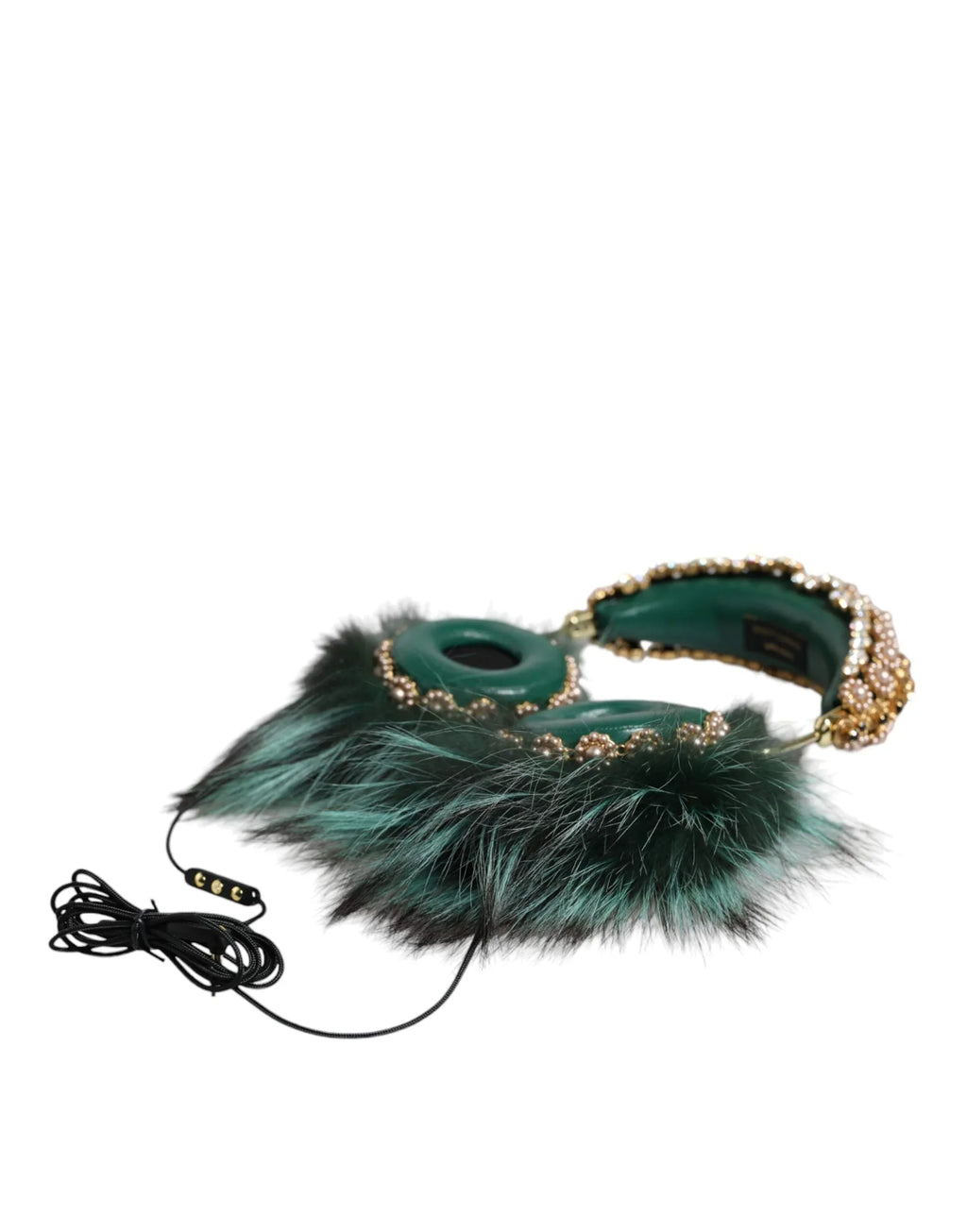 Dolce & Gabbana Green Gold Crystal Fur Headset Audio AUX Headphones - Zeiniez