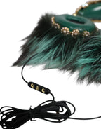 Dolce & Gabbana Green Gold Crystal Fur Headset Audio AUX Headphones - Zeiniez