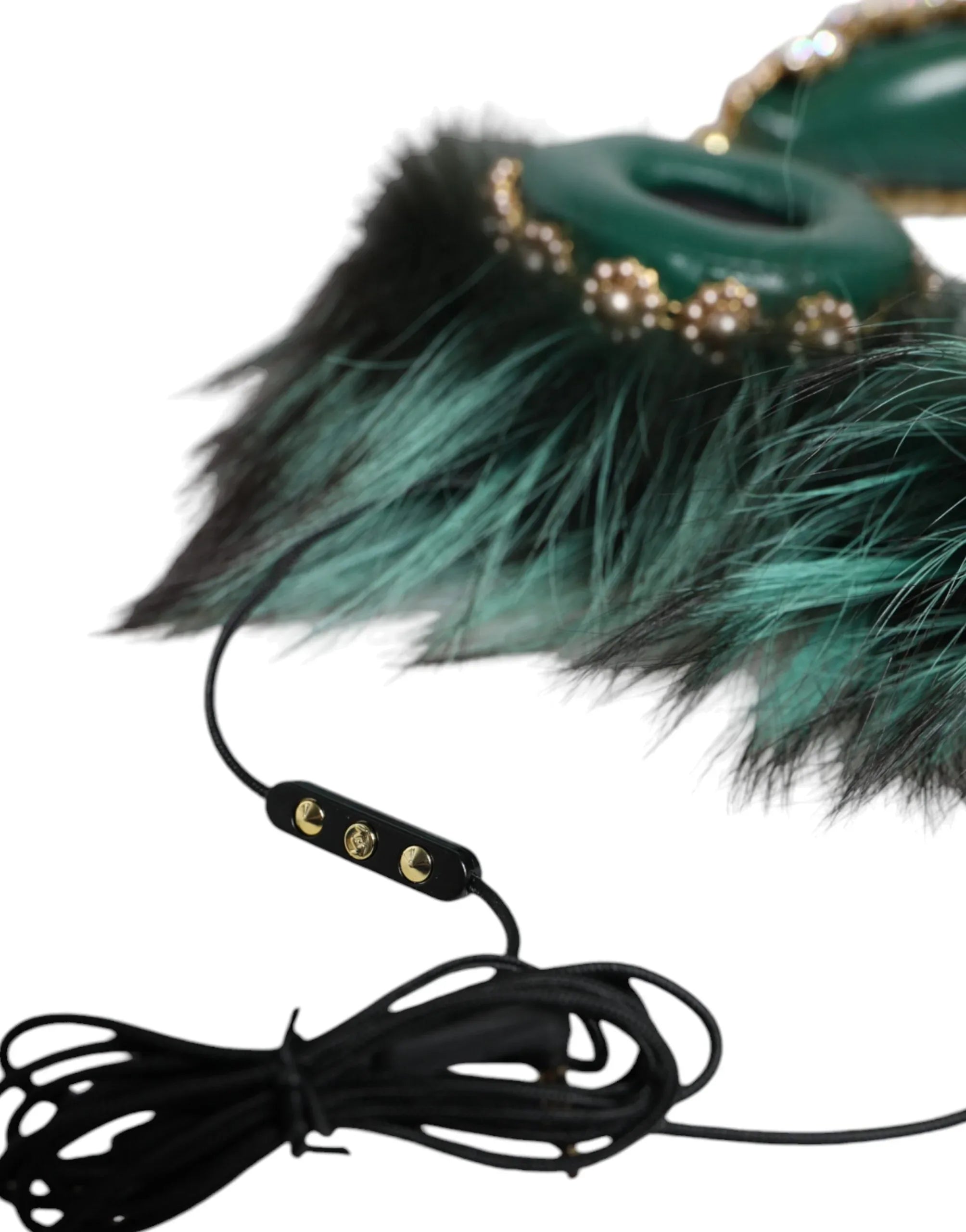Dolce & Gabbana Green Gold Crystal Fur Headset Audio AUX Headphones - Zeiniez