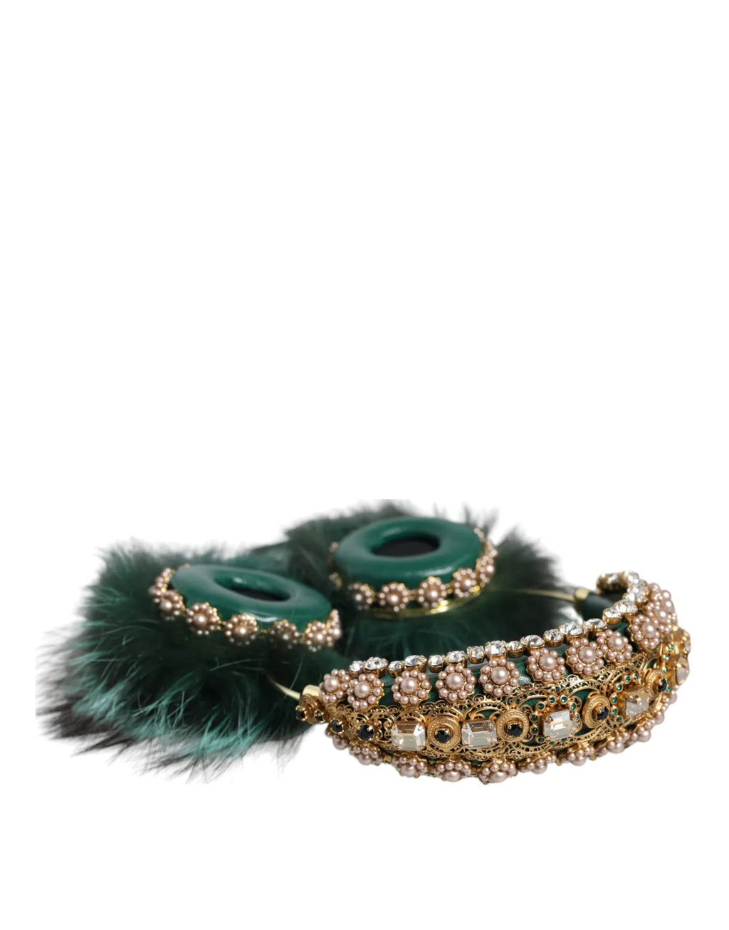 Dolce & Gabbana Green Gold Crystal Fur Headset Audio AUX Headphones - Zeiniez