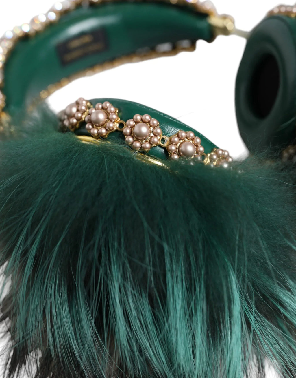 Dolce & Gabbana Green Gold Crystal Fur Headset Audio AUX Headphones - Zeiniez