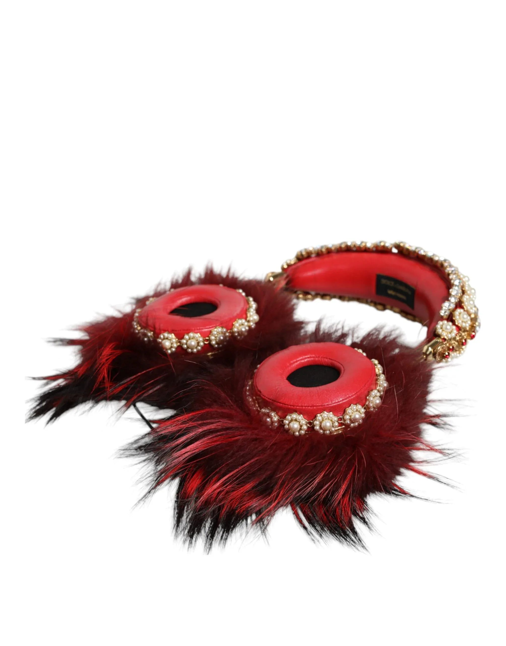 Dolce & Gabbana Red Gold Crystal Fur Headset Audio AUX Headphones - Zeiniez