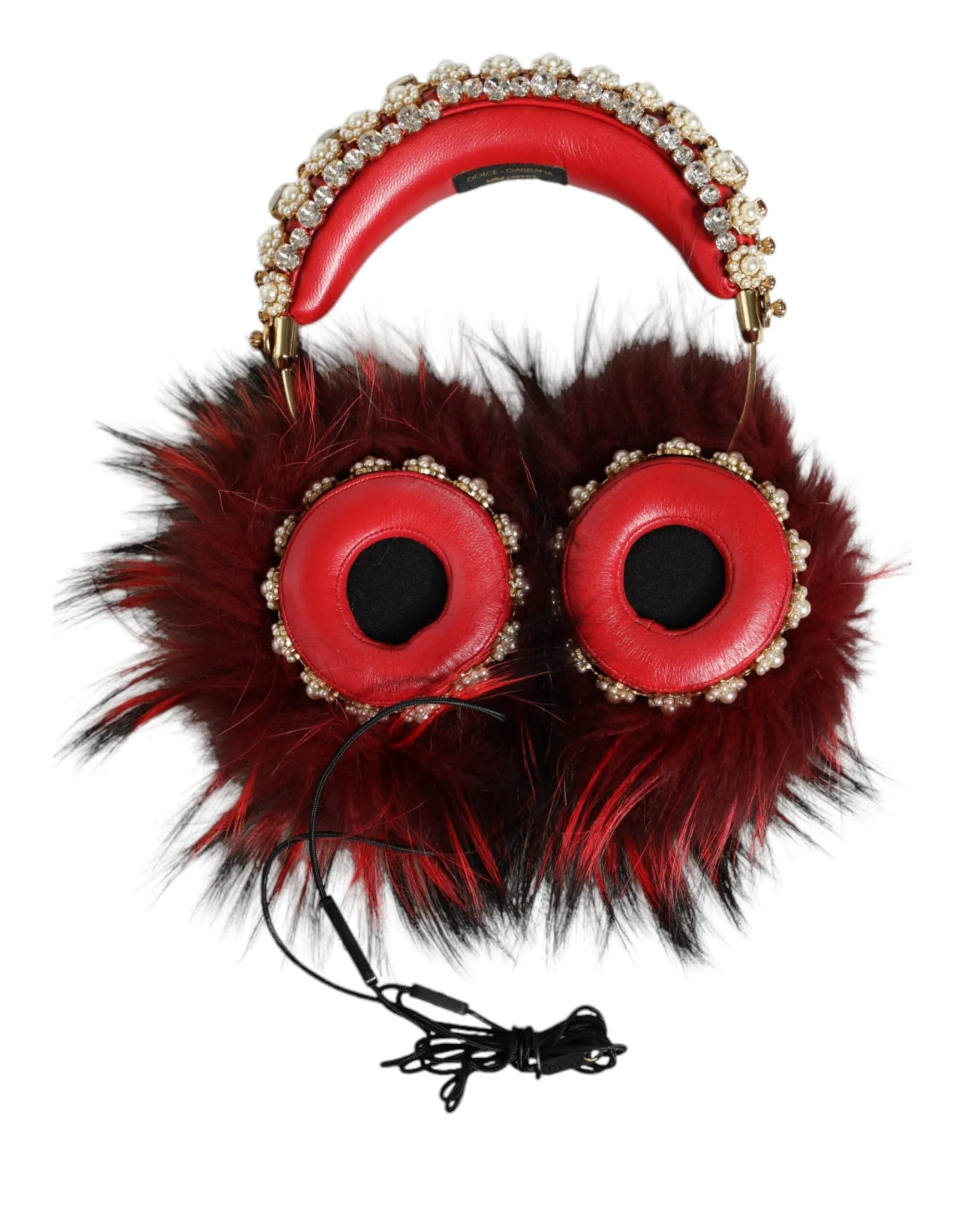 Dolce & Gabbana Red Gold Crystal Fur Headset Audio AUX Headphones - Zeiniez