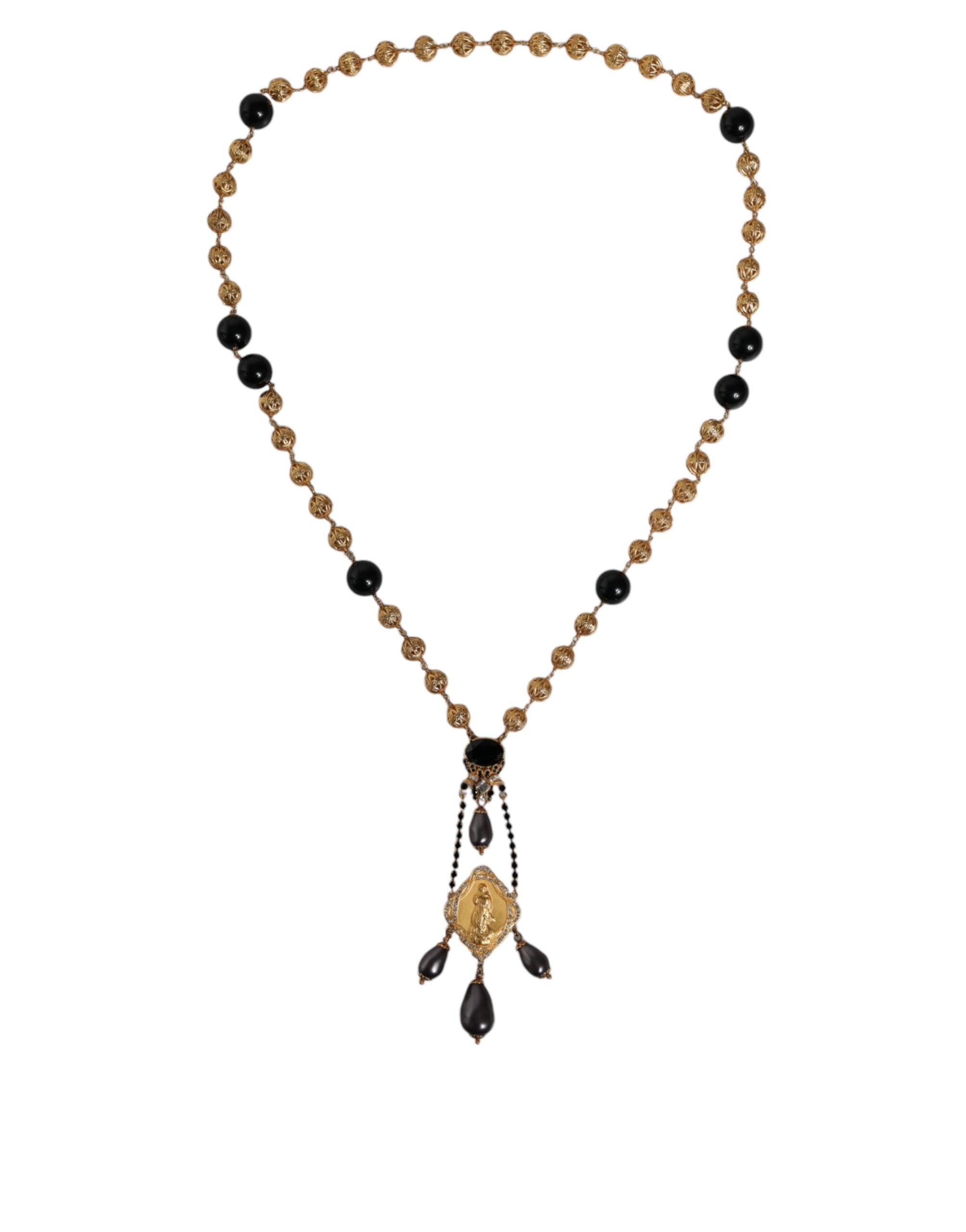 Dolce & Gabbana Gold Chain Brass Black Beaded Rosary Style Necklace - Zeiniez