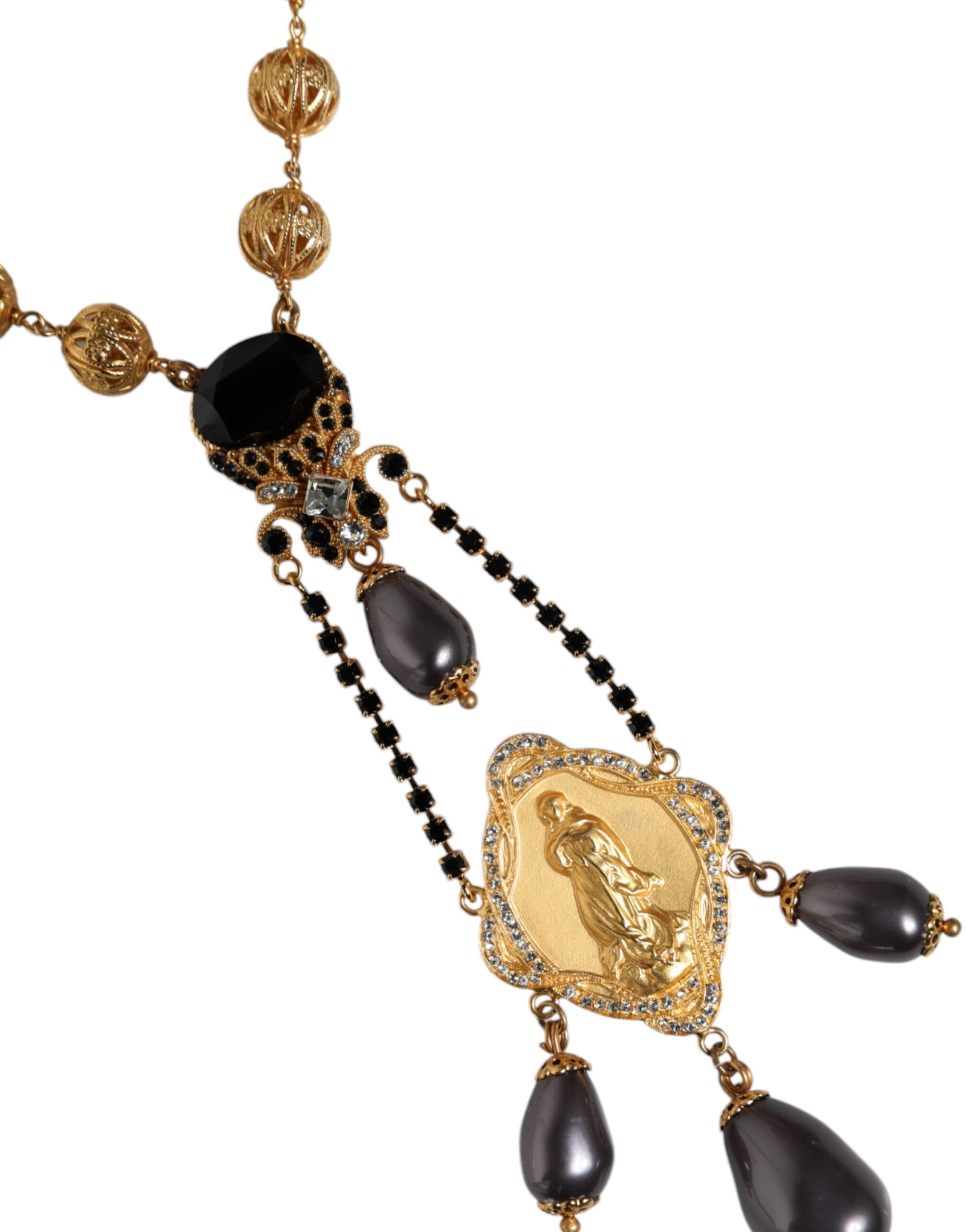 Dolce & Gabbana Gold Chain Brass Black Beaded Rosary Style Necklace - Zeiniez