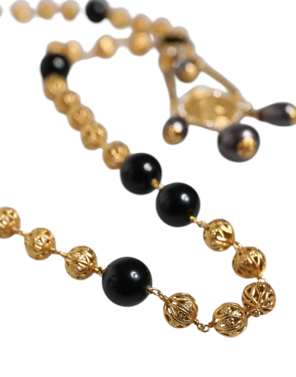 Dolce & Gabbana Gold Chain Brass Black Beaded Rosary Style Necklace - Zeiniez