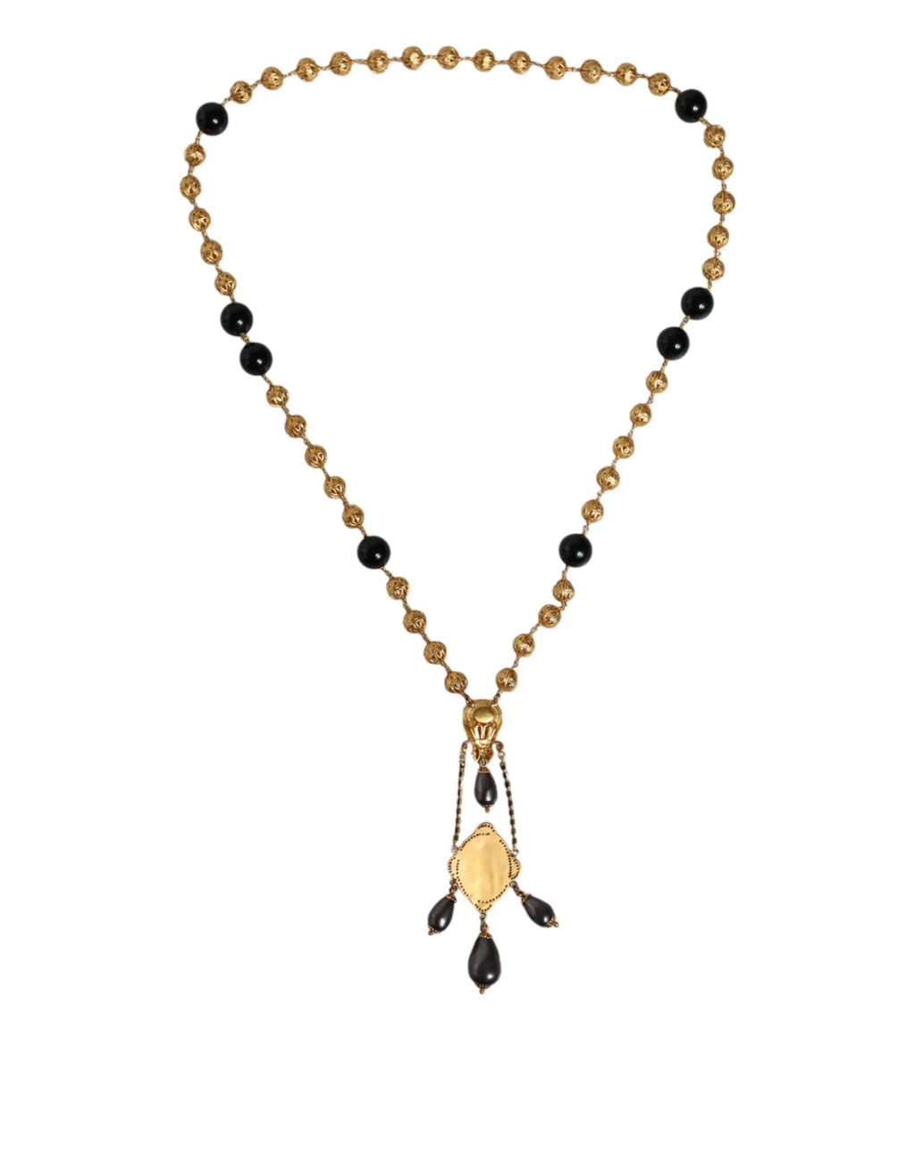 Dolce & Gabbana Gold Chain Brass Black Beaded Rosary Style Necklace - Zeiniez