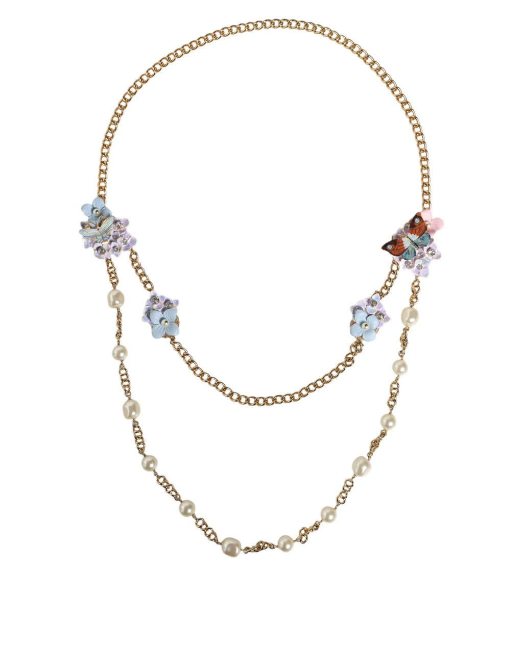 Dolce & Gabbana Gold Chain Brass Floral Layered Crystal Pearl Necklace - Zeiniez