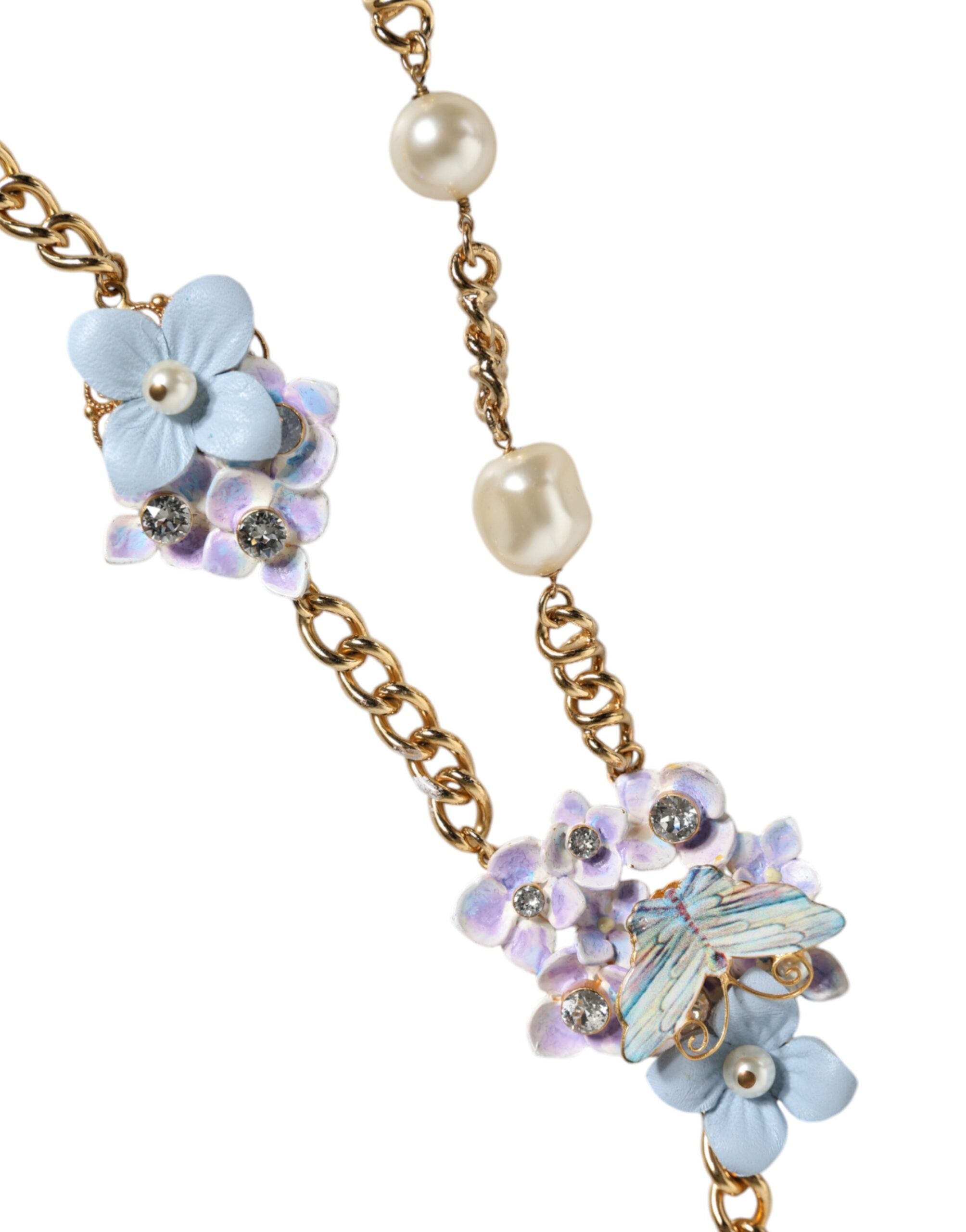 Dolce & Gabbana Gold Chain Brass Floral Layered Crystal Pearl Necklace - Zeiniez