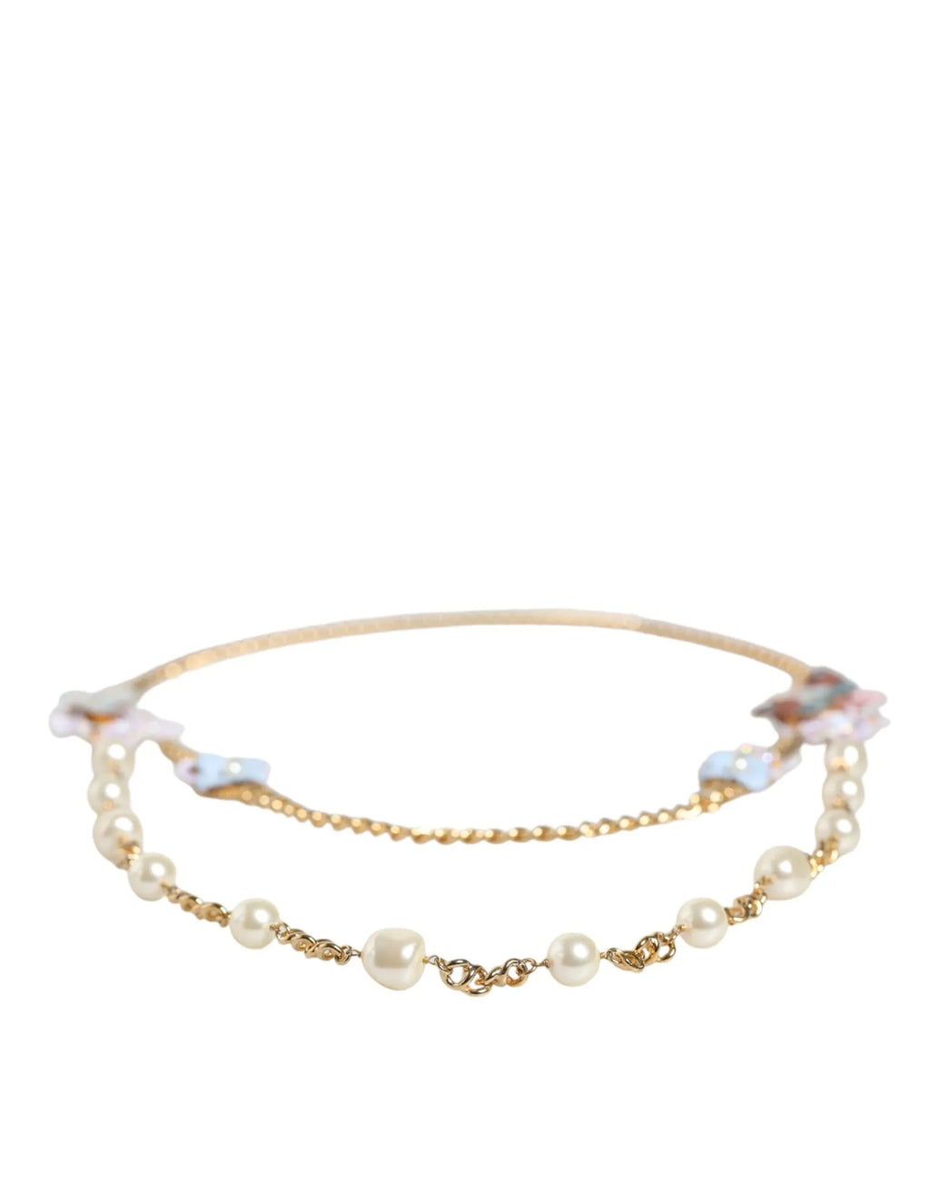 Dolce & Gabbana Gold Chain Brass Floral Layered Crystal Pearl Necklace - Zeiniez