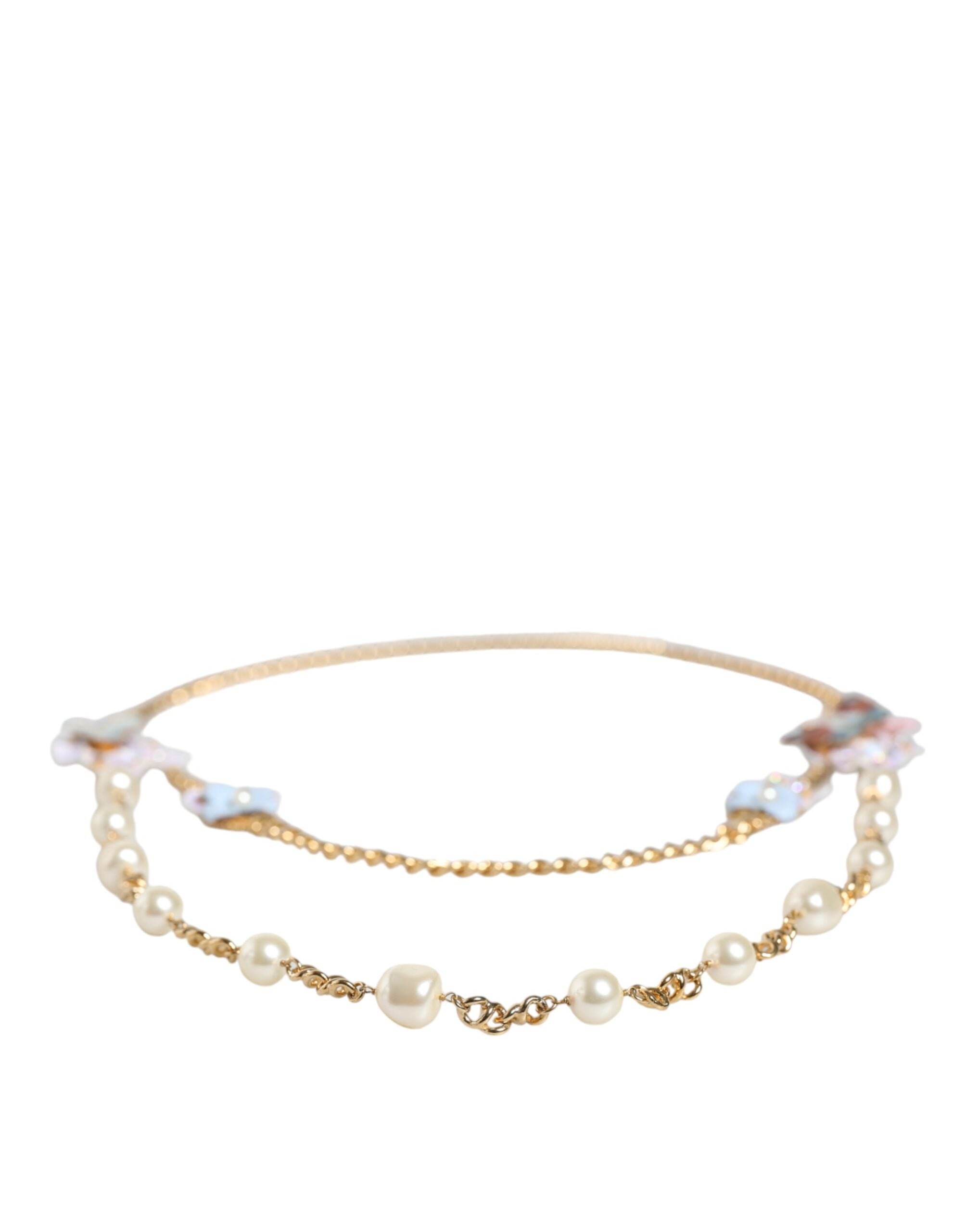 Dolce & Gabbana Gold Chain Brass Floral Layered Crystal Pearl Necklace - Zeiniez