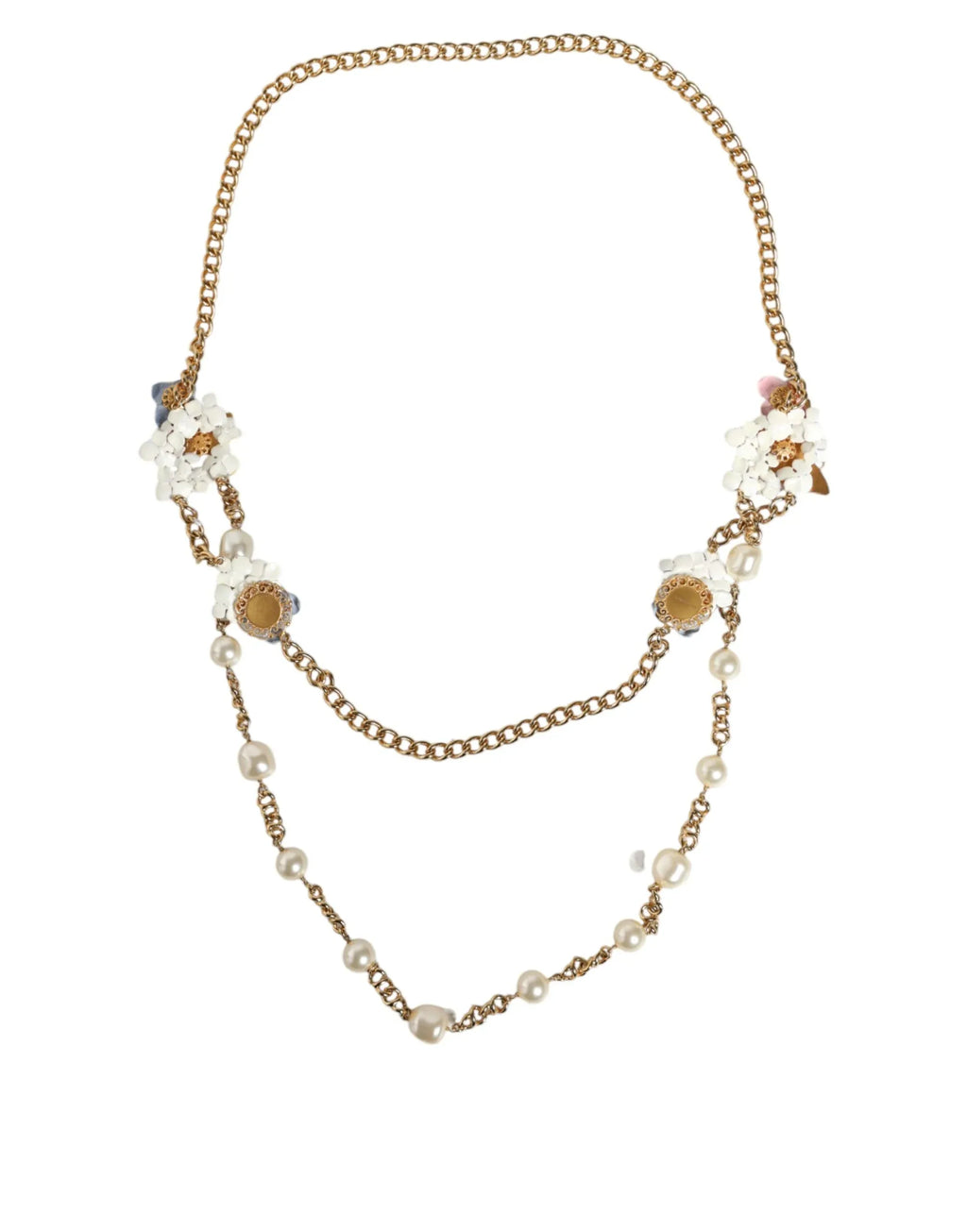 Dolce & Gabbana Gold Chain Brass Floral Layered Crystal Pearl Necklace - Zeiniez