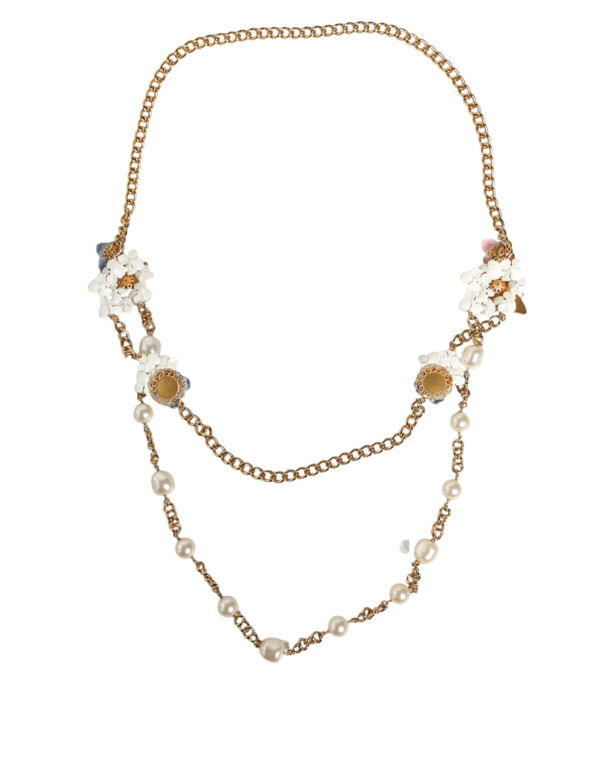 Dolce & Gabbana Gold Chain Brass Floral Layered Crystal Pearl Necklace - Zeiniez