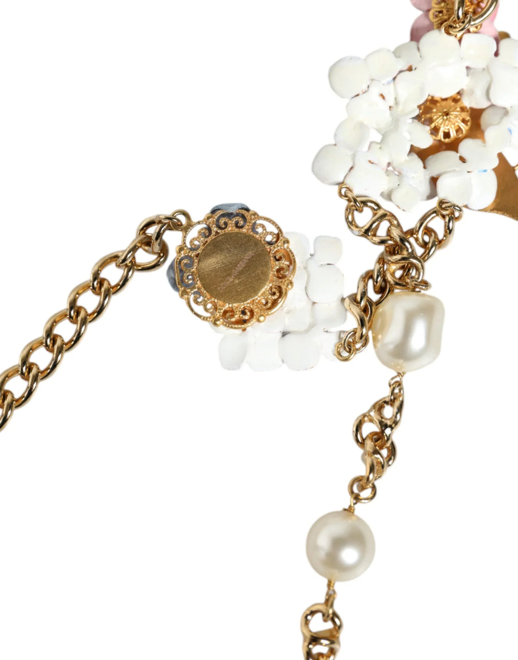 Dolce & Gabbana Gold Chain Brass Floral Layered Crystal Pearl Necklace - Zeiniez
