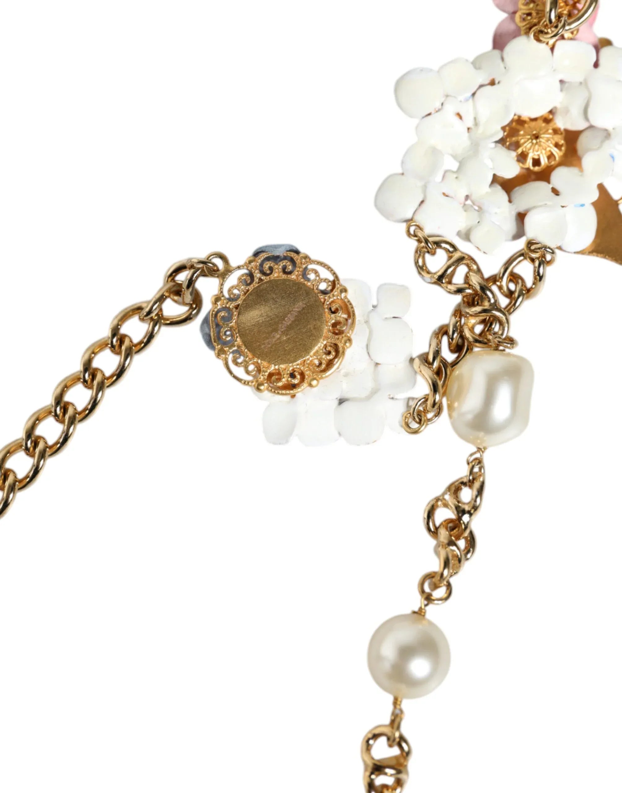 Dolce & Gabbana Gold Chain Brass Floral Layered Crystal Pearl Necklace - Zeiniez