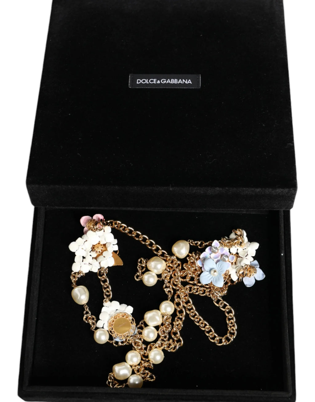 Dolce & Gabbana Gold Chain Brass Floral Layered Crystal Pearl Necklace - Zeiniez