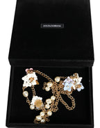 Dolce & Gabbana Gold Chain Brass Floral Layered Crystal Pearl Necklace - Zeiniez
