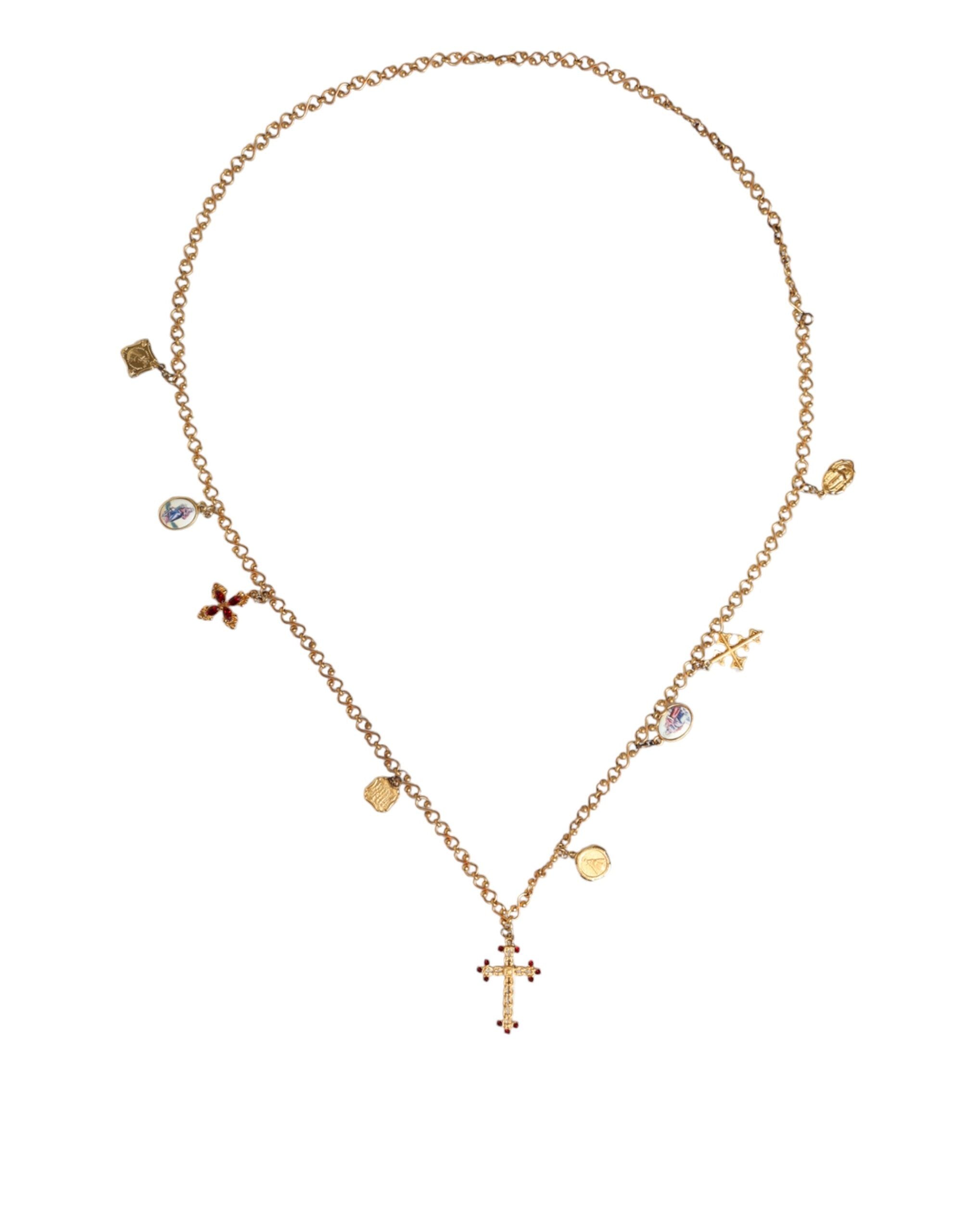 Dolce & Gabbana Gold Tone Brass Chain Religious Cross Pendant Necklace - Zeiniez