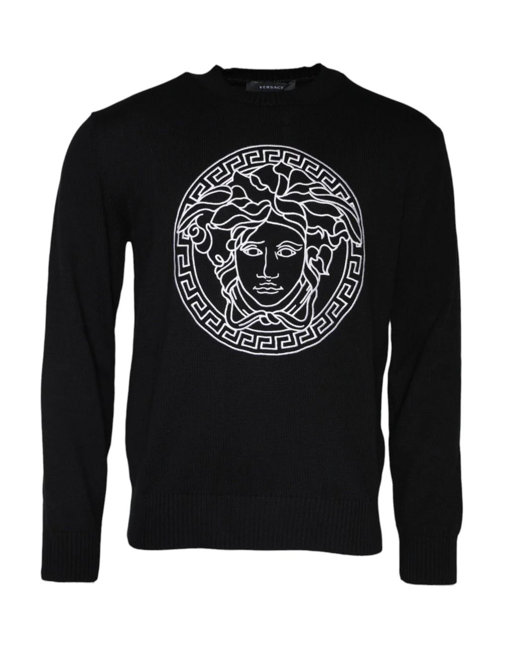 Versace Black Medusa Embroidery Crew Neck Pullover Sweater - Zeiniez