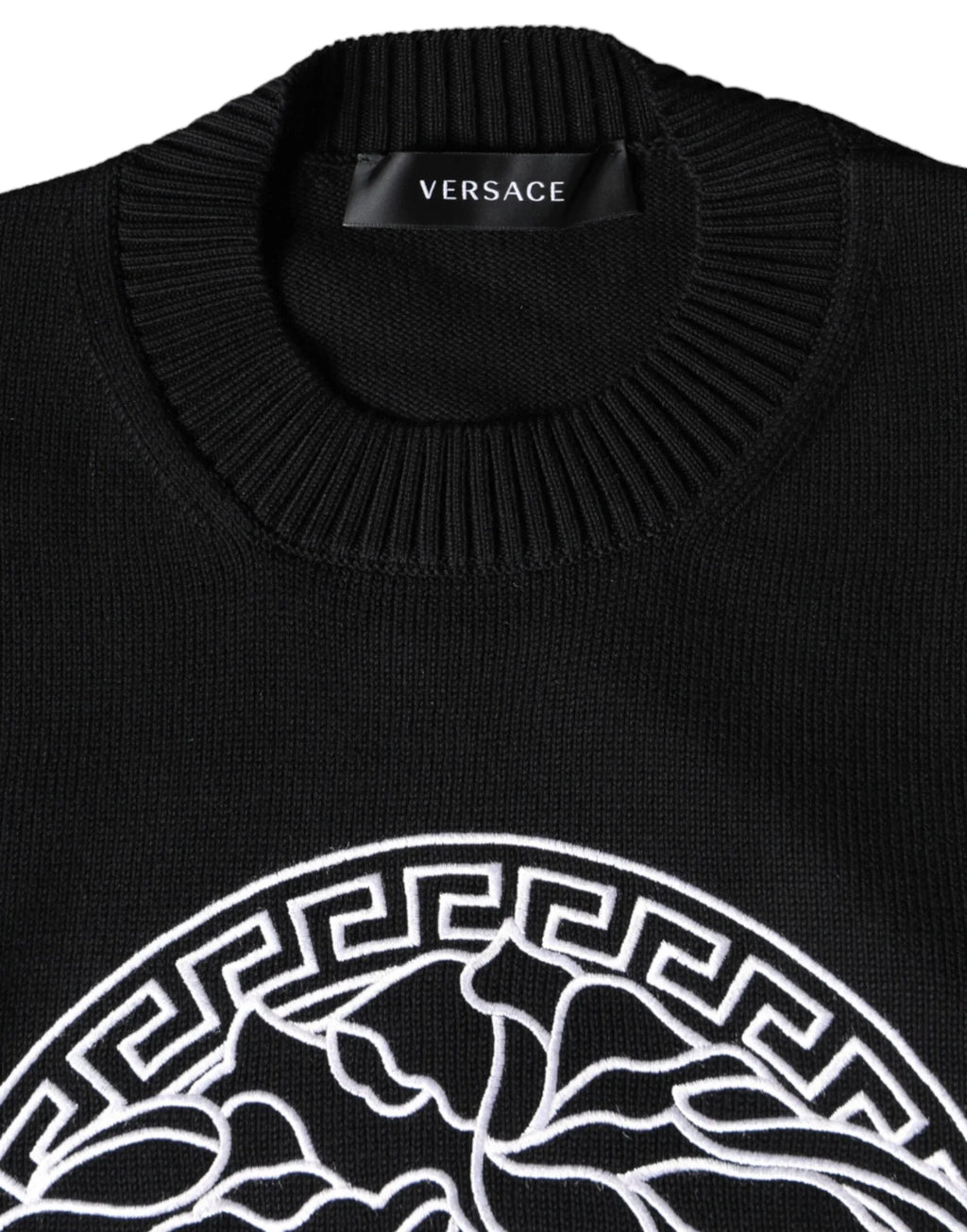 Versace Black Medusa Embroidery Crew Neck Pullover Sweater - Zeiniez