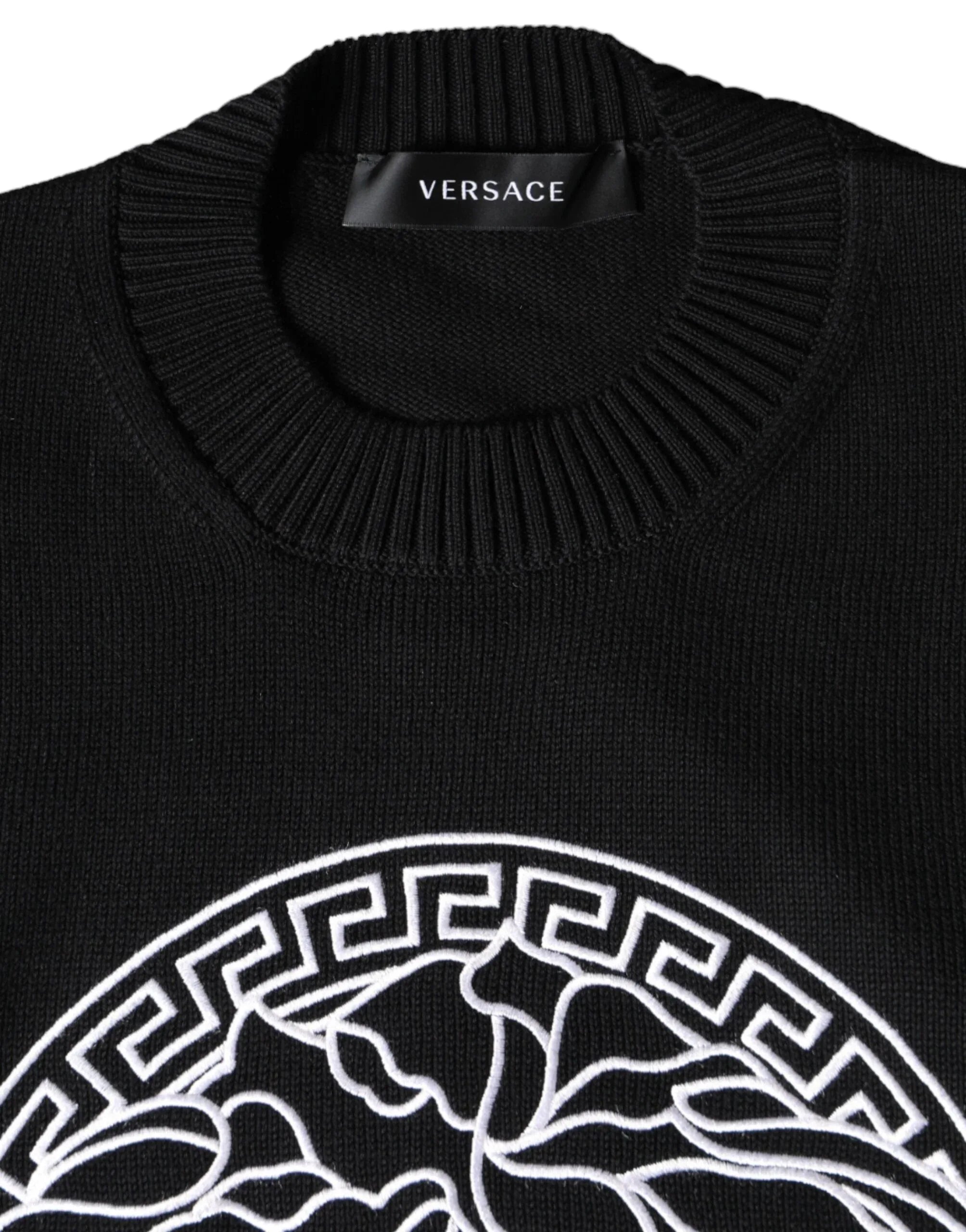 Versace Black Medusa Embroidery Crew Neck Pullover Sweater - Zeiniez