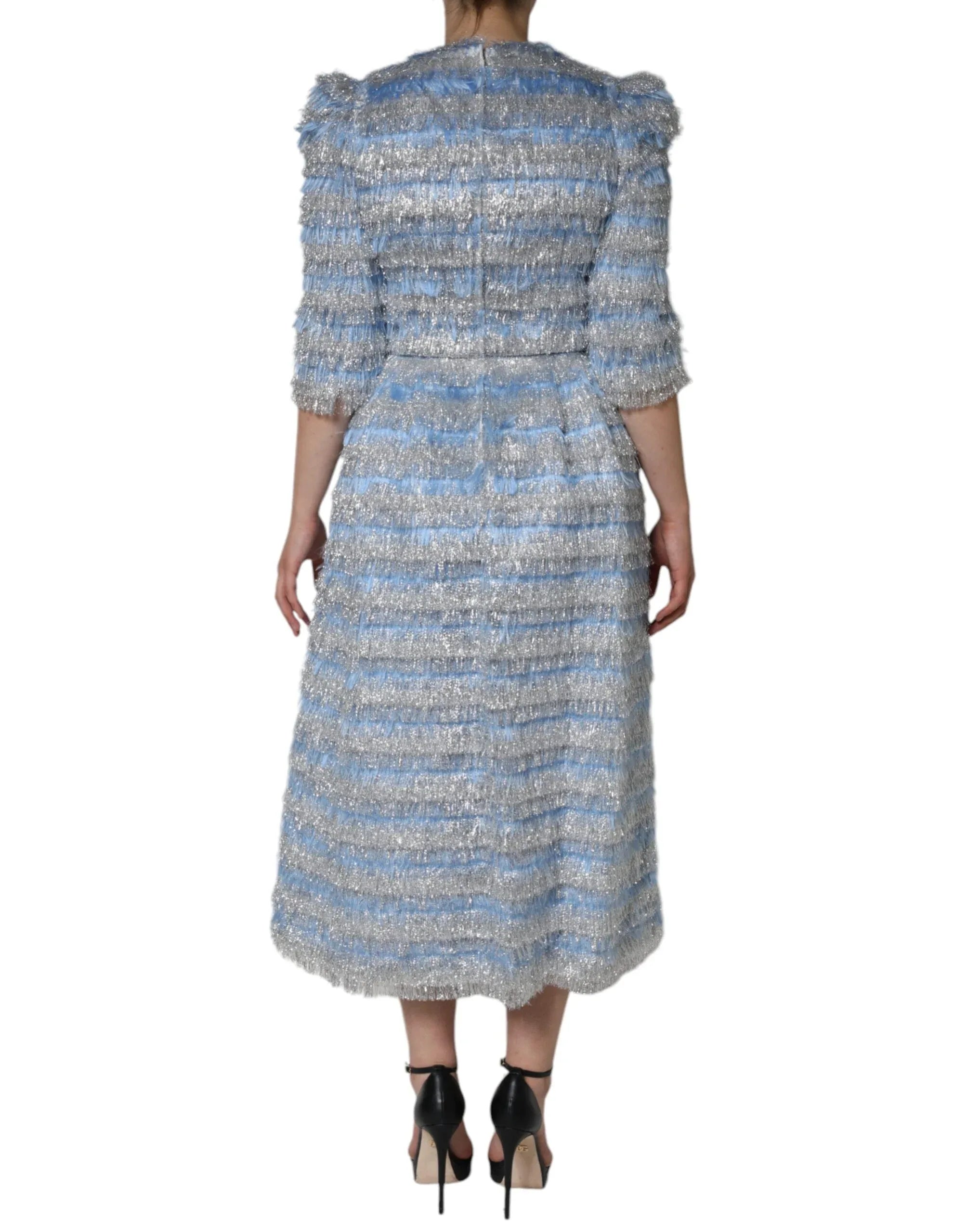 Dolce & Gabbana Light Blue Silver Jacquard A-line Midi Dress - Zeiniez
