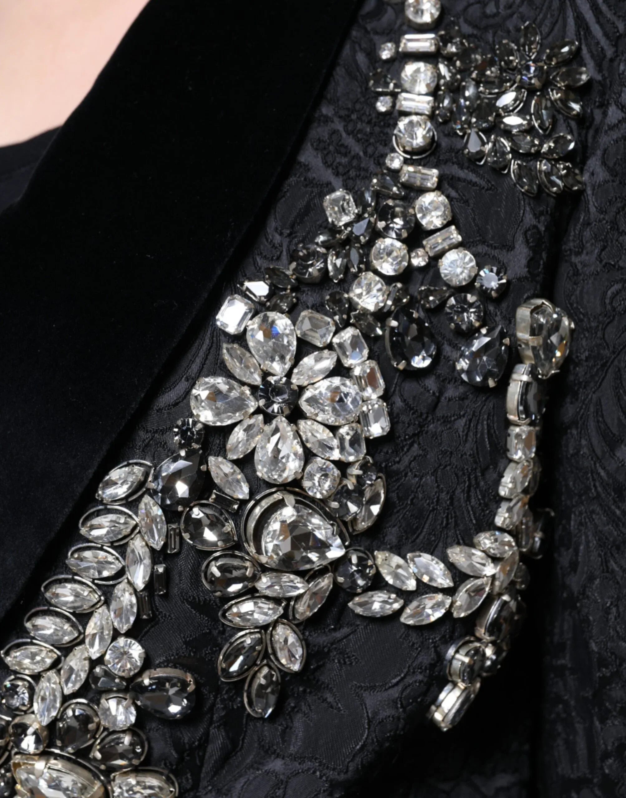 Dolce & Gabbana Black Jacquard Crystal Floral Jacket Blazer - Zeiniez