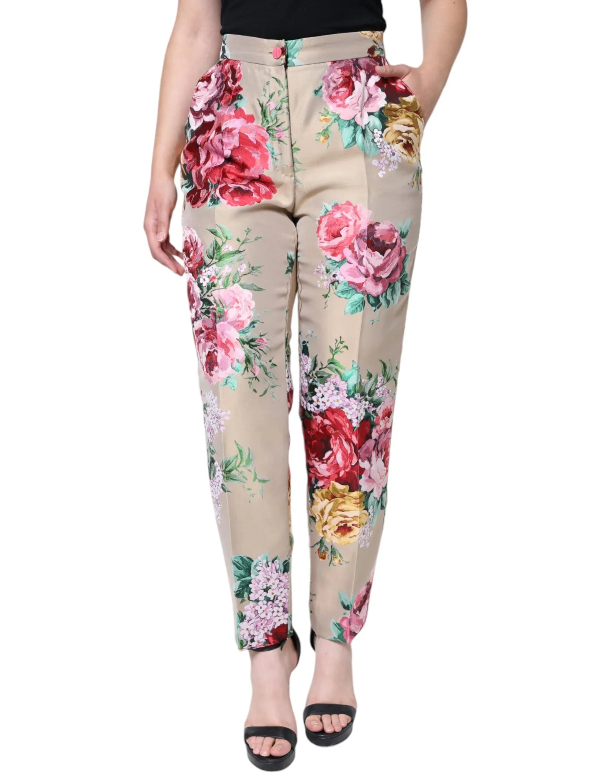 Dolce & Gabbana Beige Floral Jacquard High Waist Tapered Pants - Zeiniez