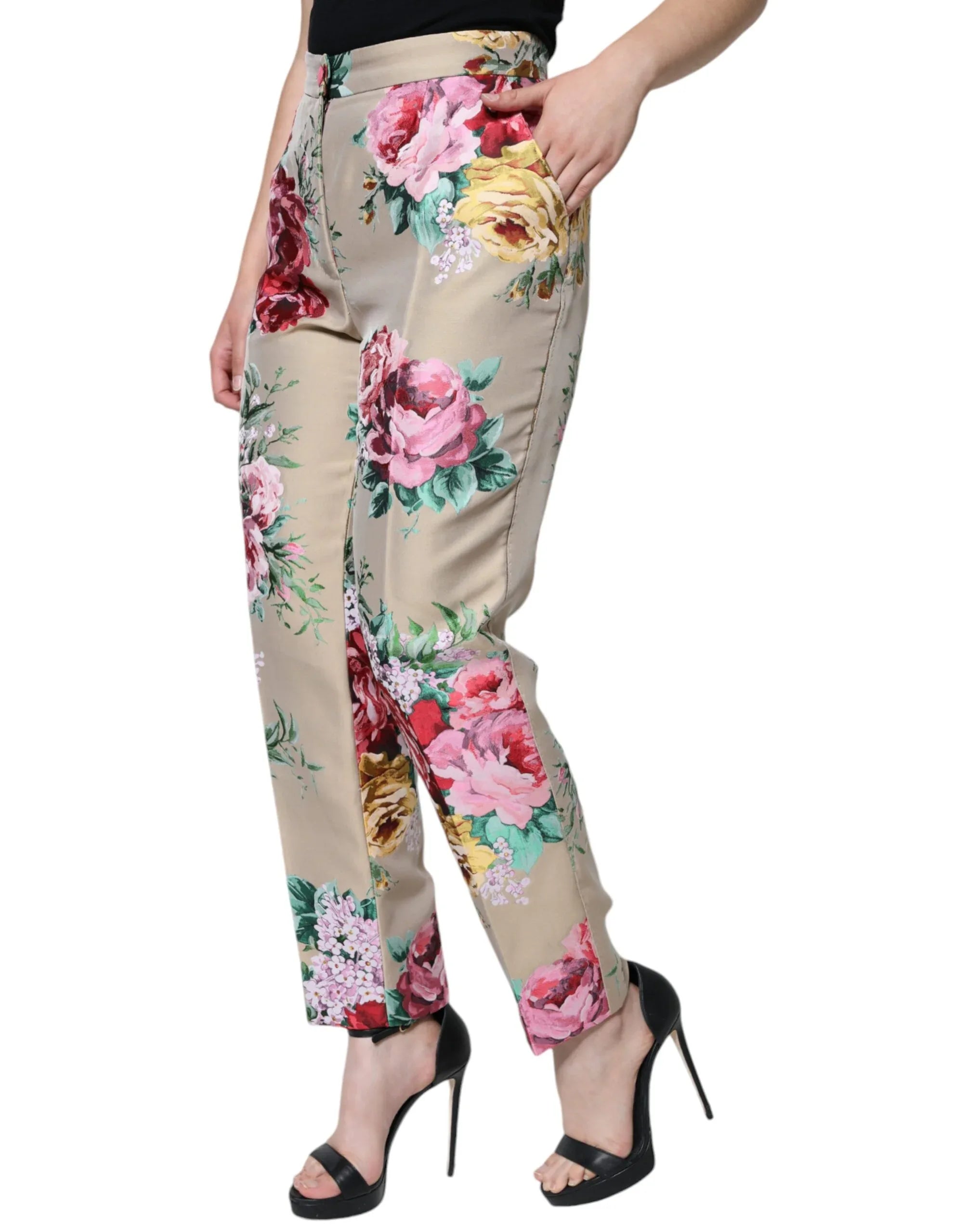 Dolce & Gabbana Beige Floral Jacquard High Waist Tapered Pants - Zeiniez