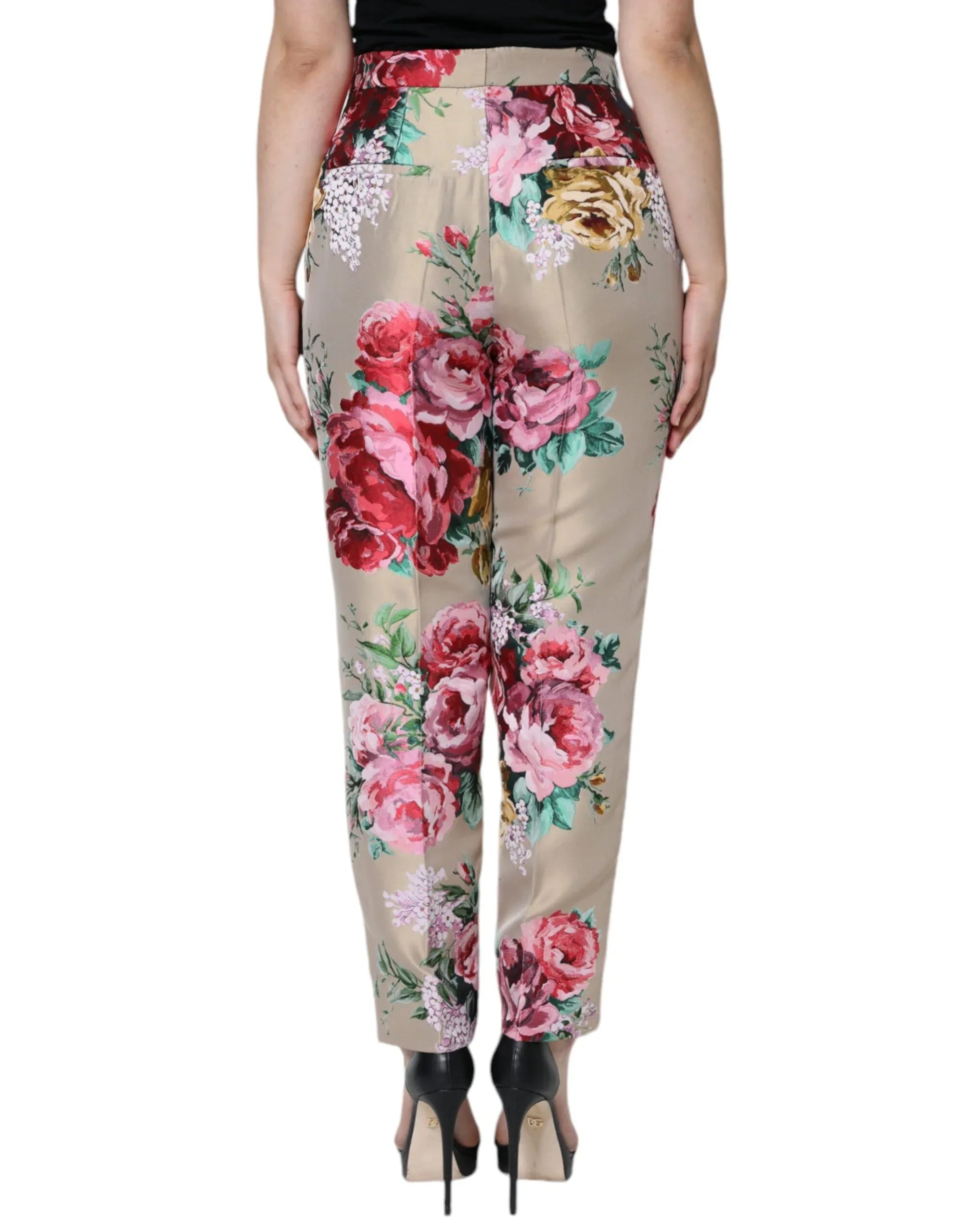 Dolce & Gabbana Beige Floral Jacquard High Waist Tapered Pants - Zeiniez