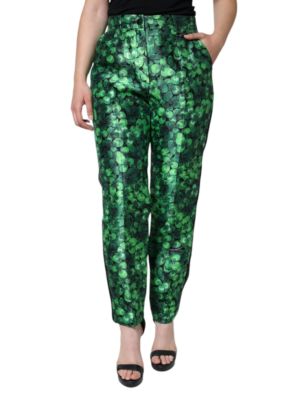Dolce & Gabbana Green Clover Silk Satin High Waist Tapered Pants - Zeiniez