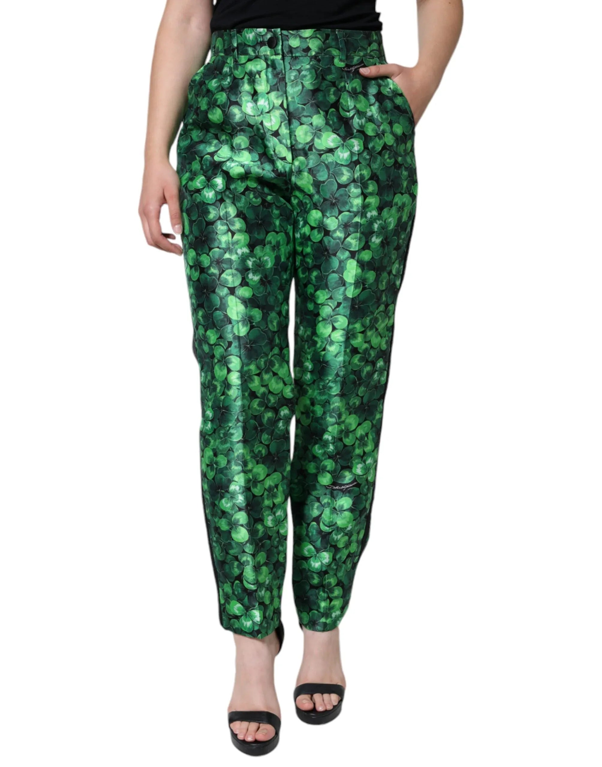Dolce & Gabbana Green Clover Silk Satin High Waist Tapered Pants - Zeiniez